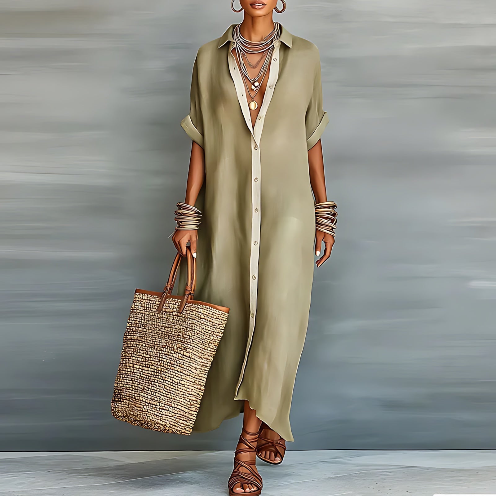 Emilia – Collared Roll Sleeve Maxi Shirt Dress