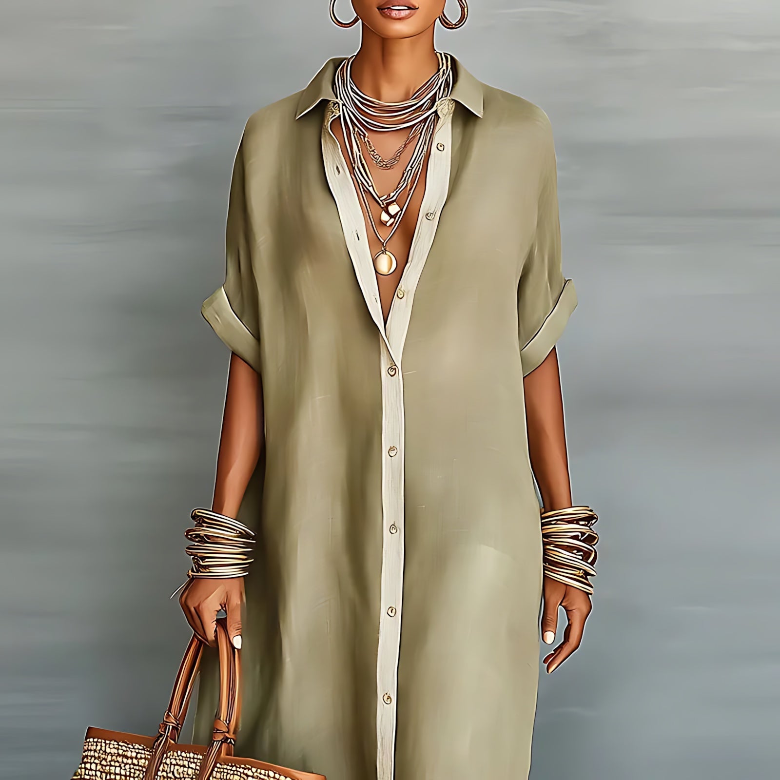 Emilia – Collared Roll Sleeve Maxi Shirt Dress