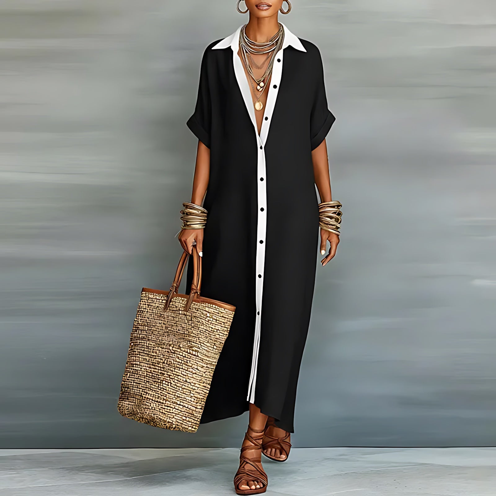 Emilia – Collared Roll Sleeve Maxi Shirt Dress