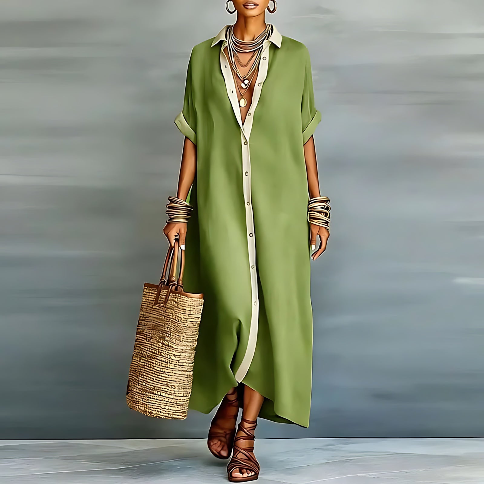 Emilia – Collared Roll Sleeve Maxi Shirt Dress