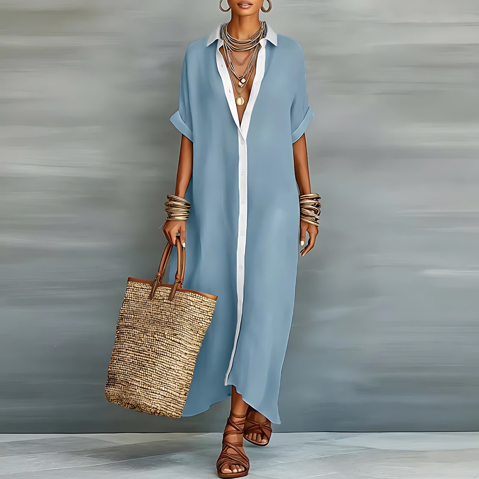 Emilia – Collared Roll Sleeve Maxi Shirt Dress