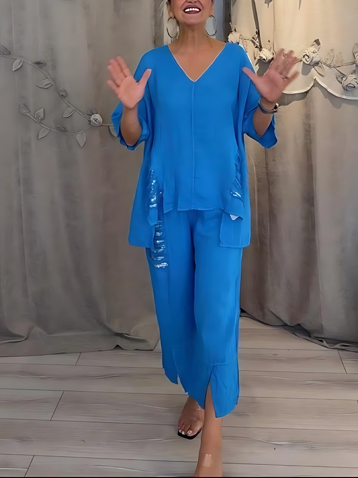 Emilia – Oversized V Neck Top and Wide Leg Pants Set