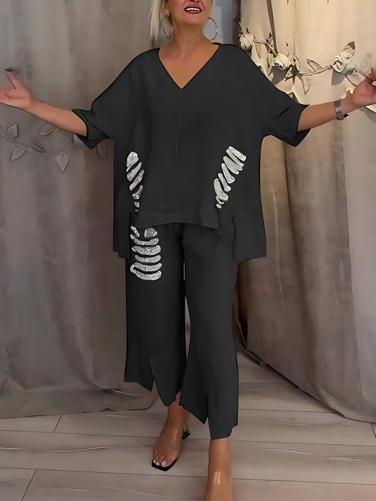 Emilia – Oversized V Neck Top and Wide Leg Pants Set