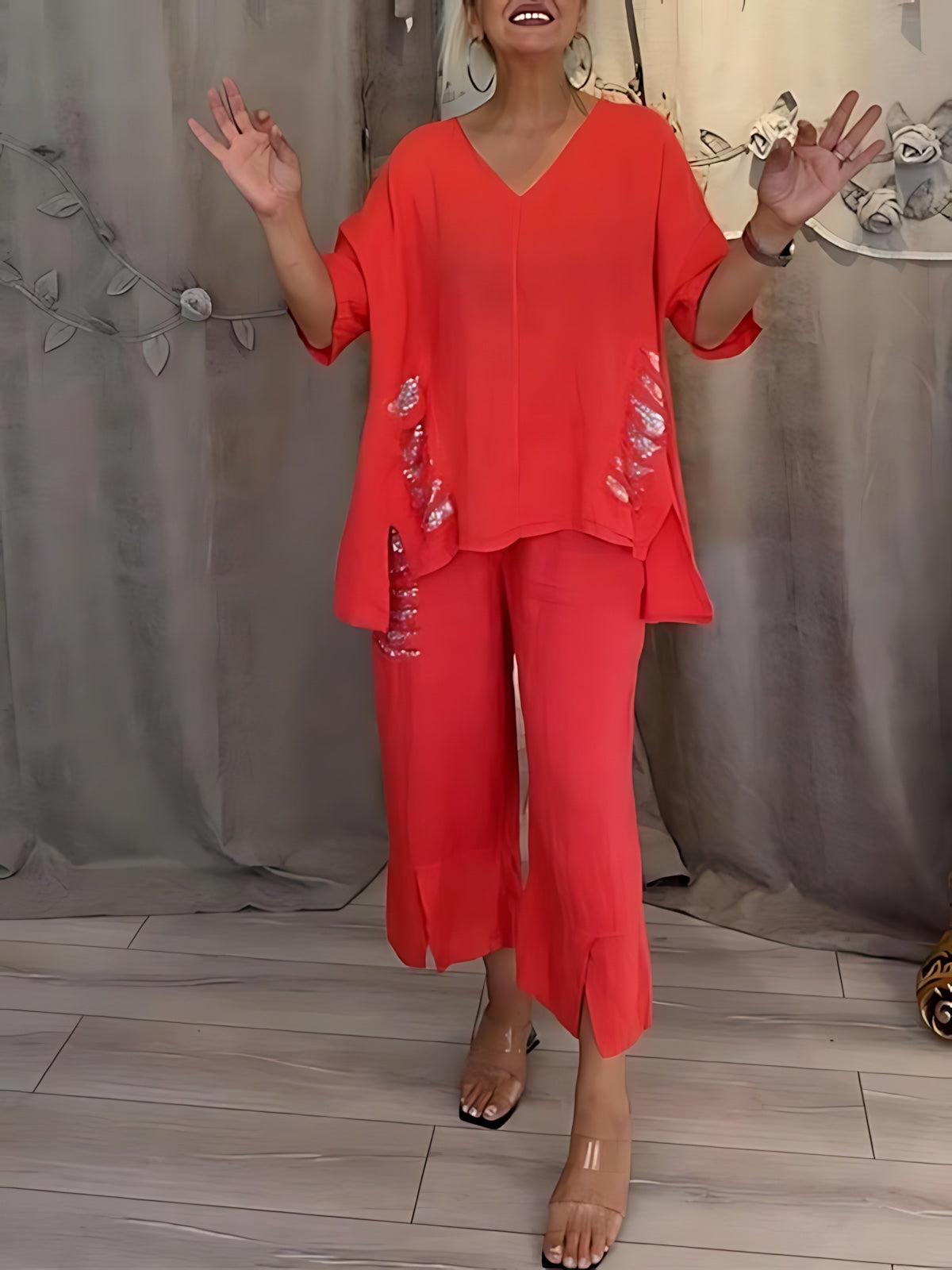 Emilia – Oversized V Neck Top and Wide Leg Pants Set