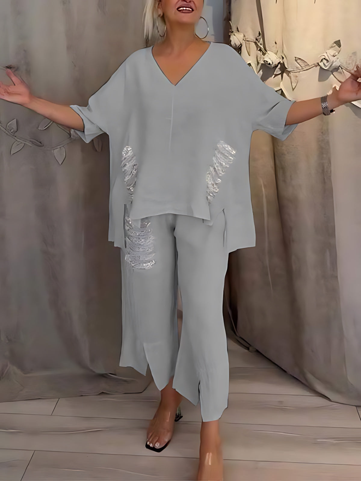 Emilia – Oversized V Neck Top and Wide Leg Pants Set