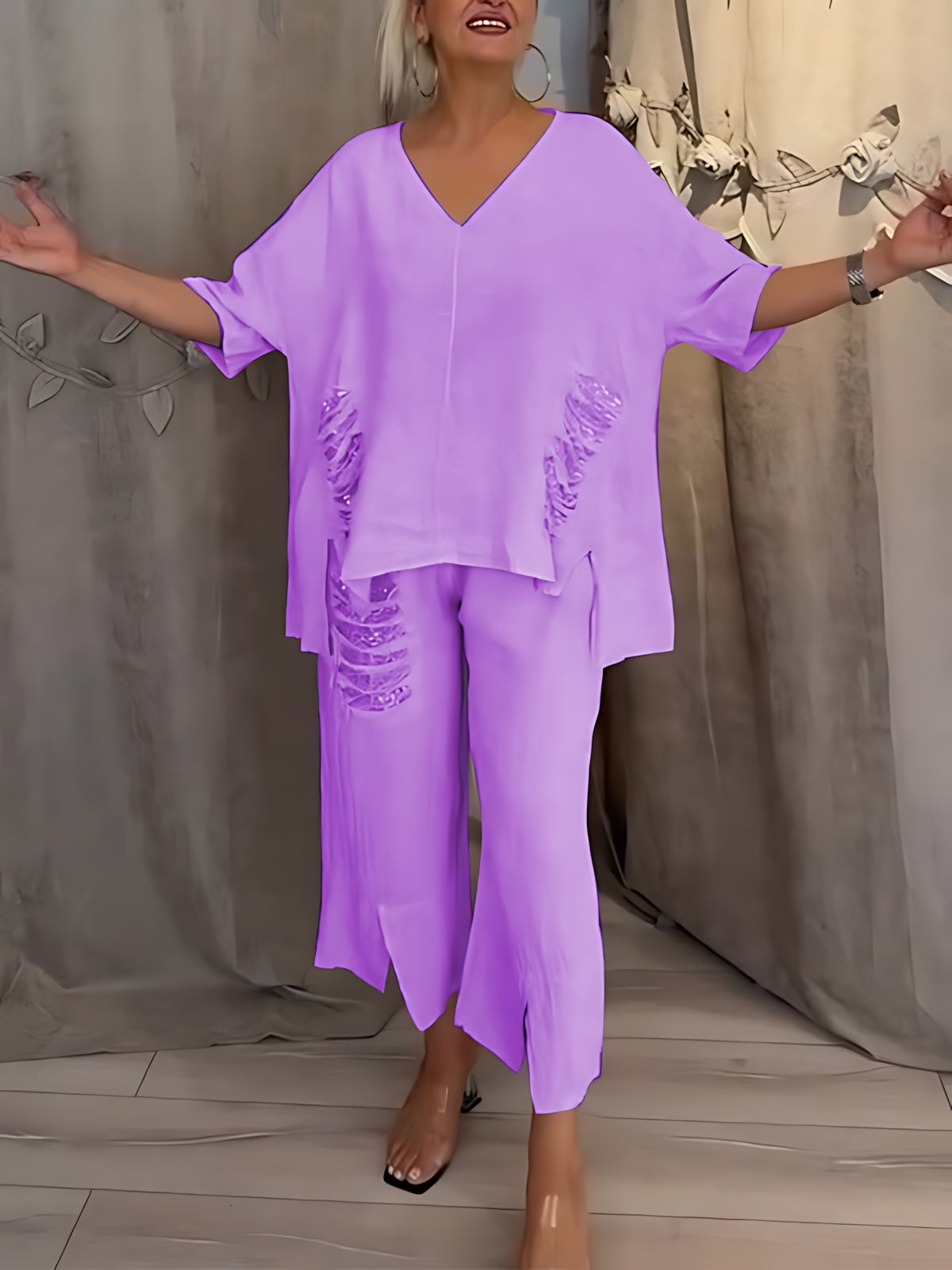 Emilia – Oversized V Neck Top and Wide Leg Pants Set