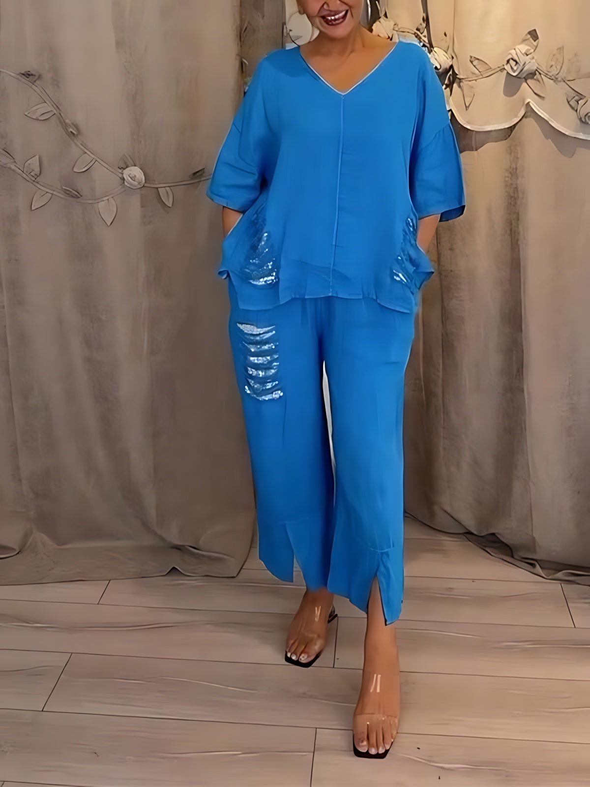Emilia – Oversized V Neck Top and Wide Leg Pants Set