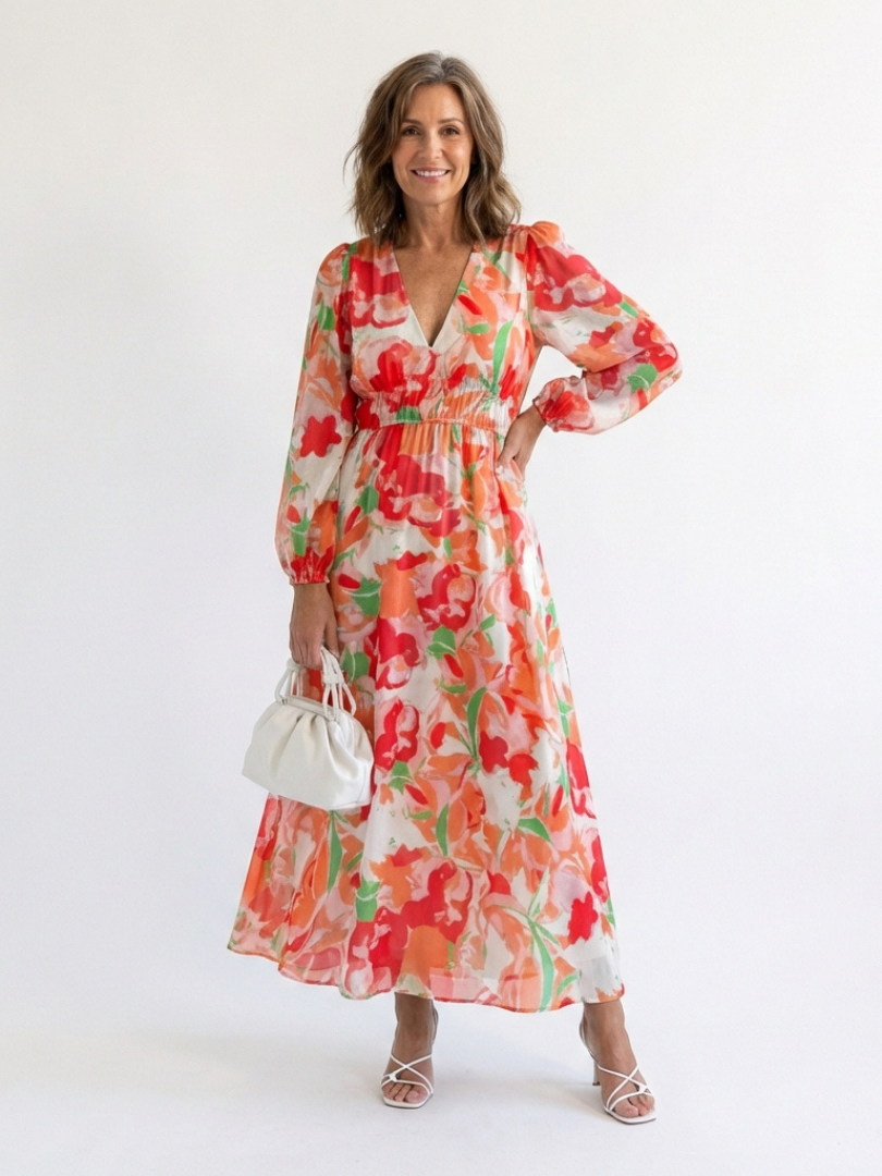 Maggie – Floral Print Long Sleeve Ruffle Maxi Dress