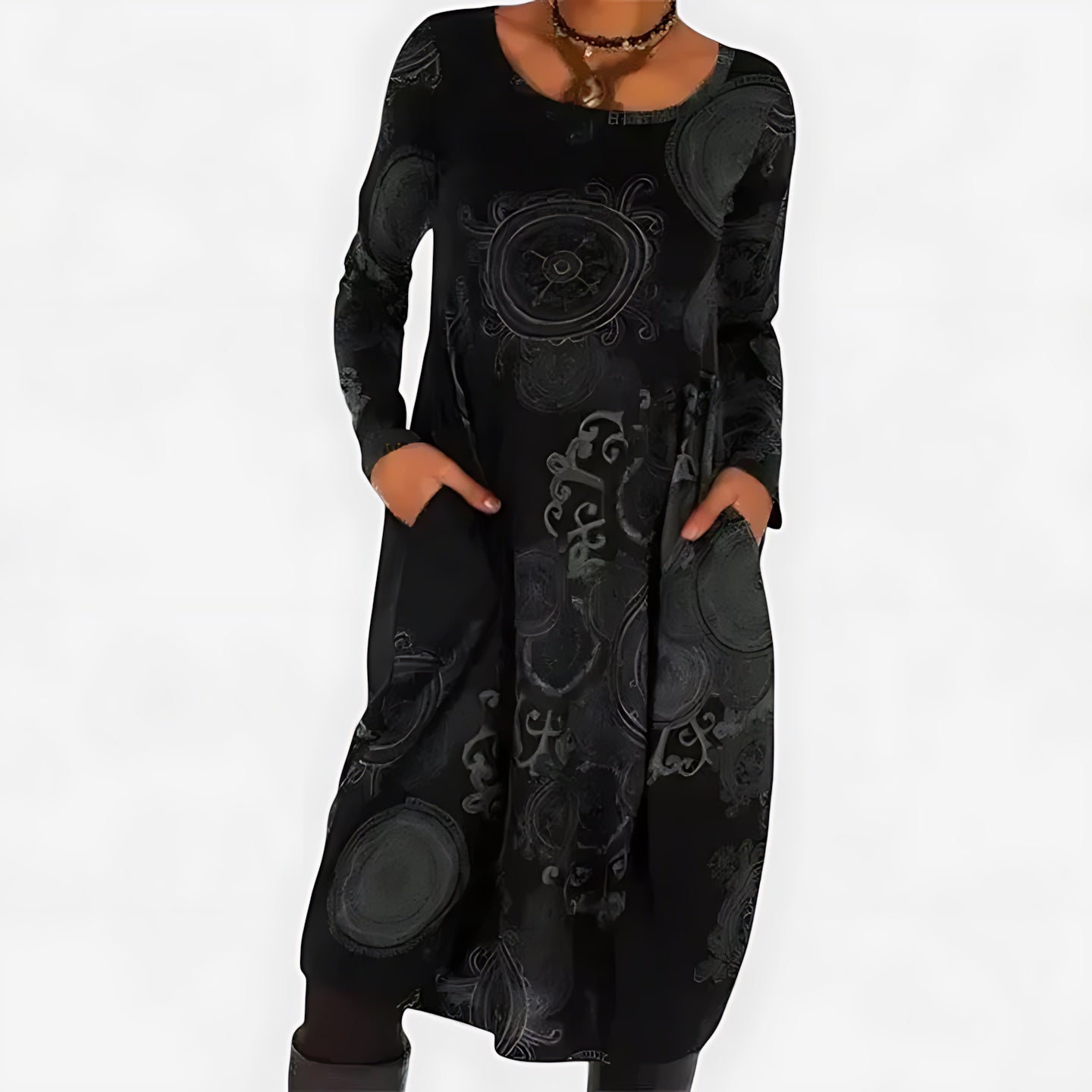 Emily – Abstract Print Long Sleeve Midi Dress