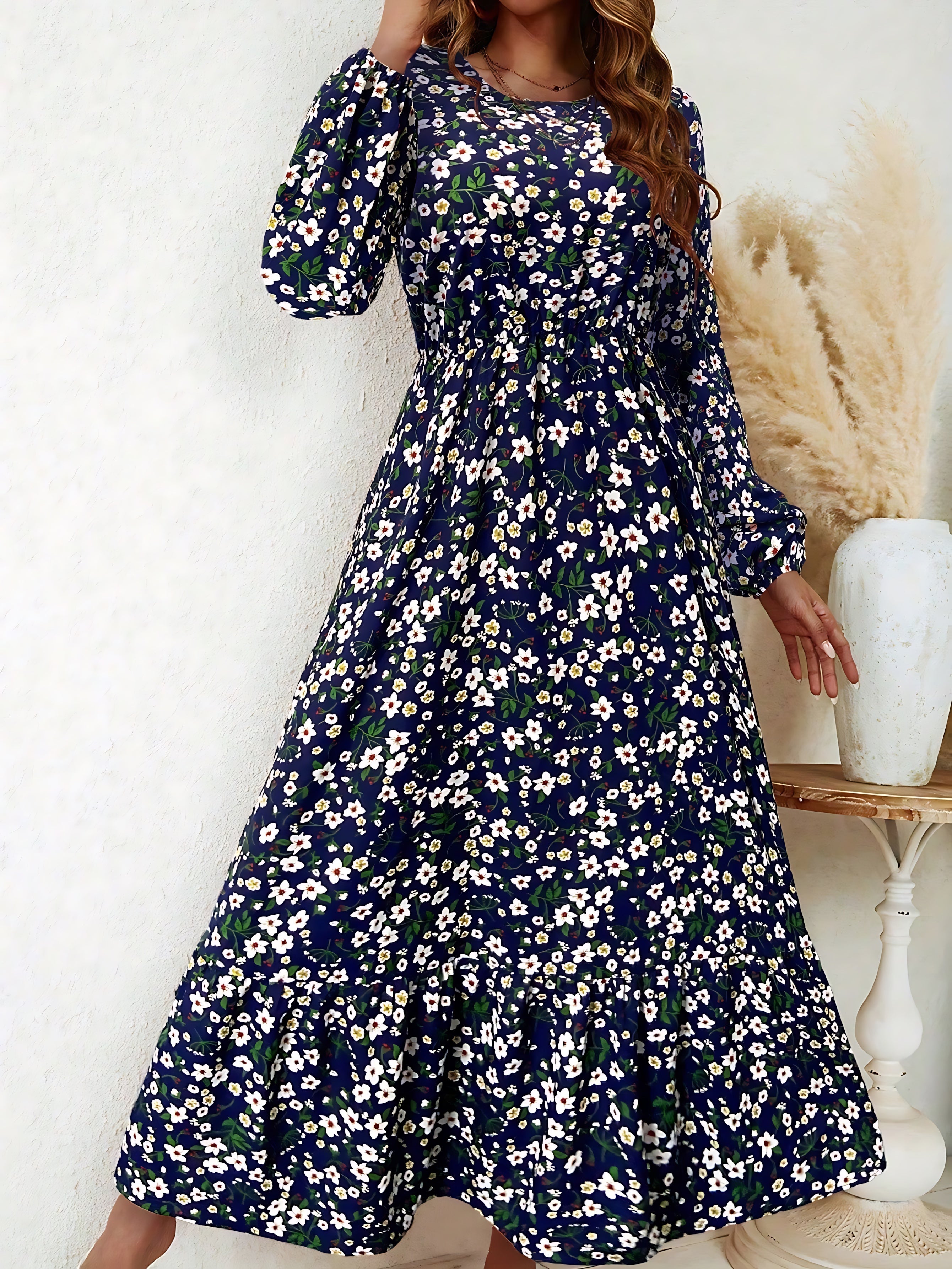 Emily – Floral Print Bishop Sleeve V Neck Maxi Dress