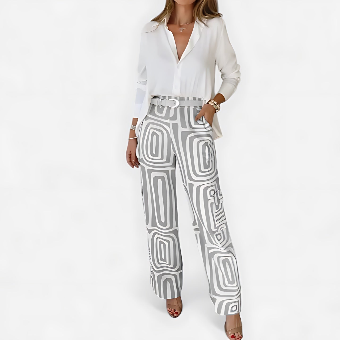 Emily – V Neck Blouse and Geometric Print Pants Set