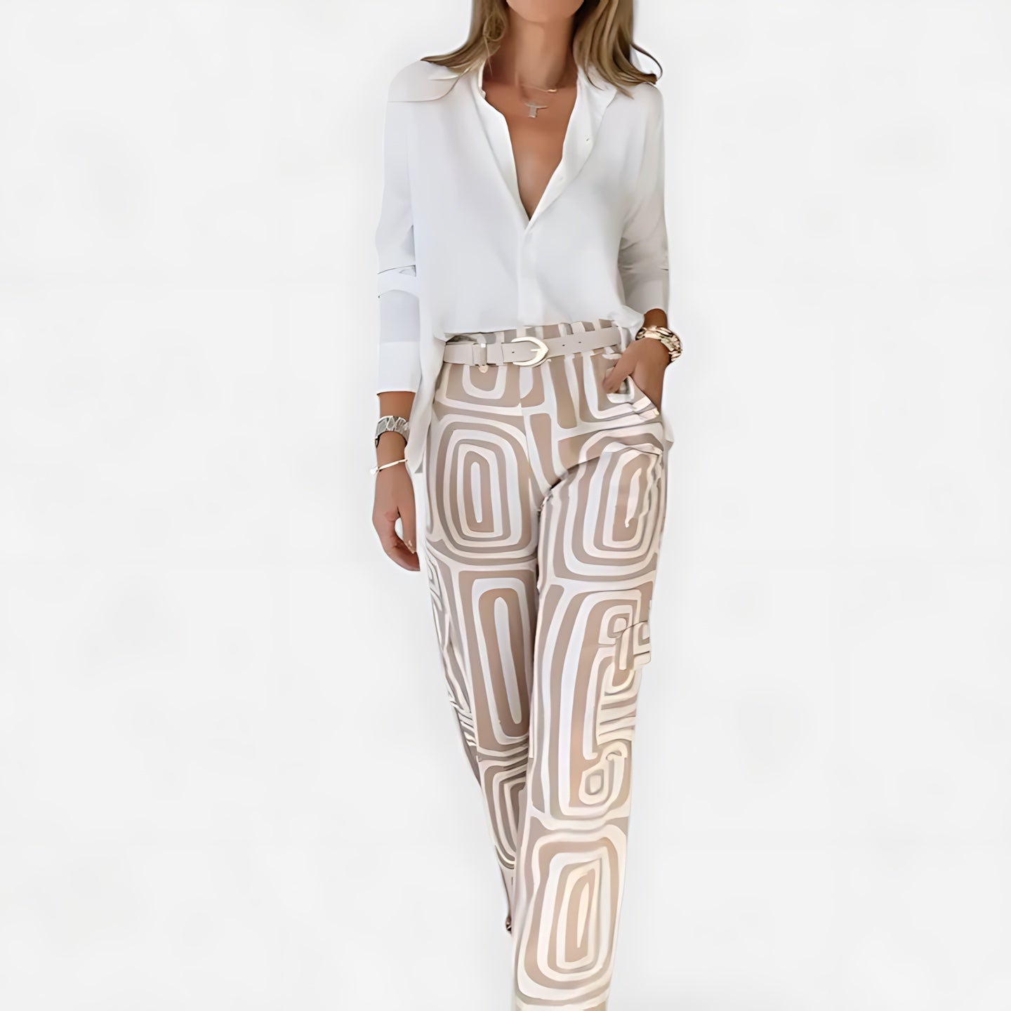 Emily – V Neck Blouse and Geometric Print Pants Set