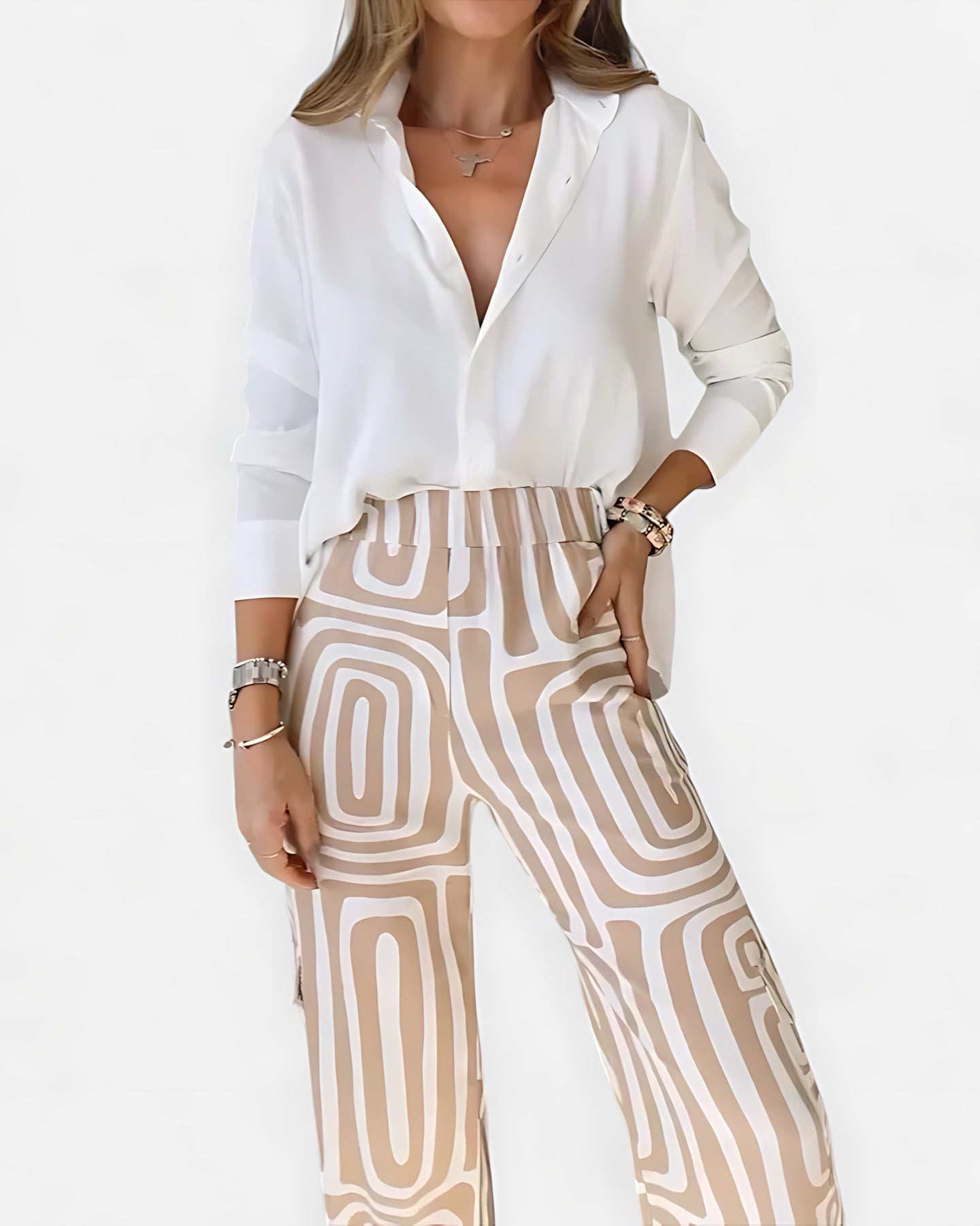 Emily – V Neck Blouse and Geometric Print Pants Set