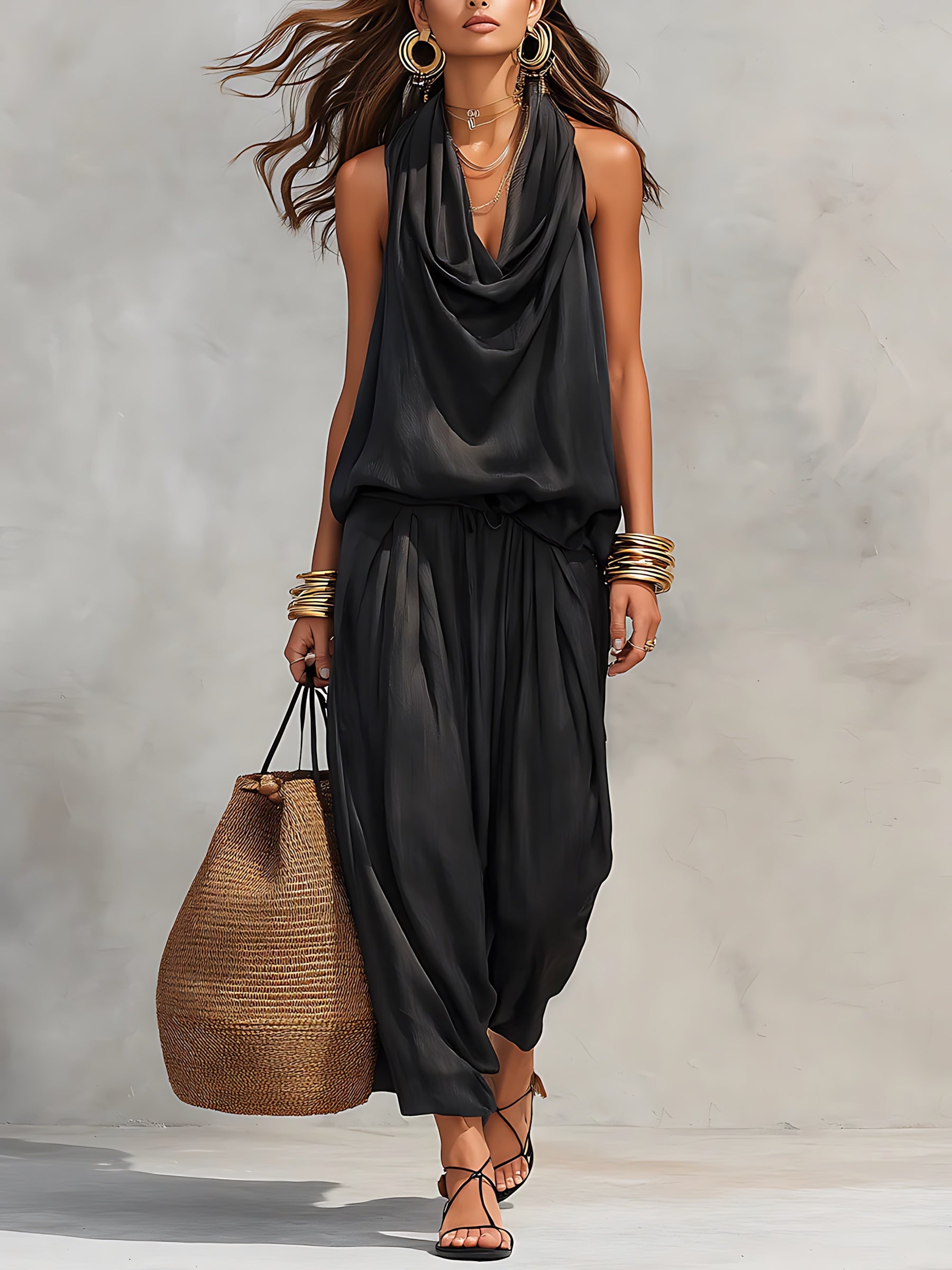 Emma – Cowl Neck Halter Top and Harem Pants Set