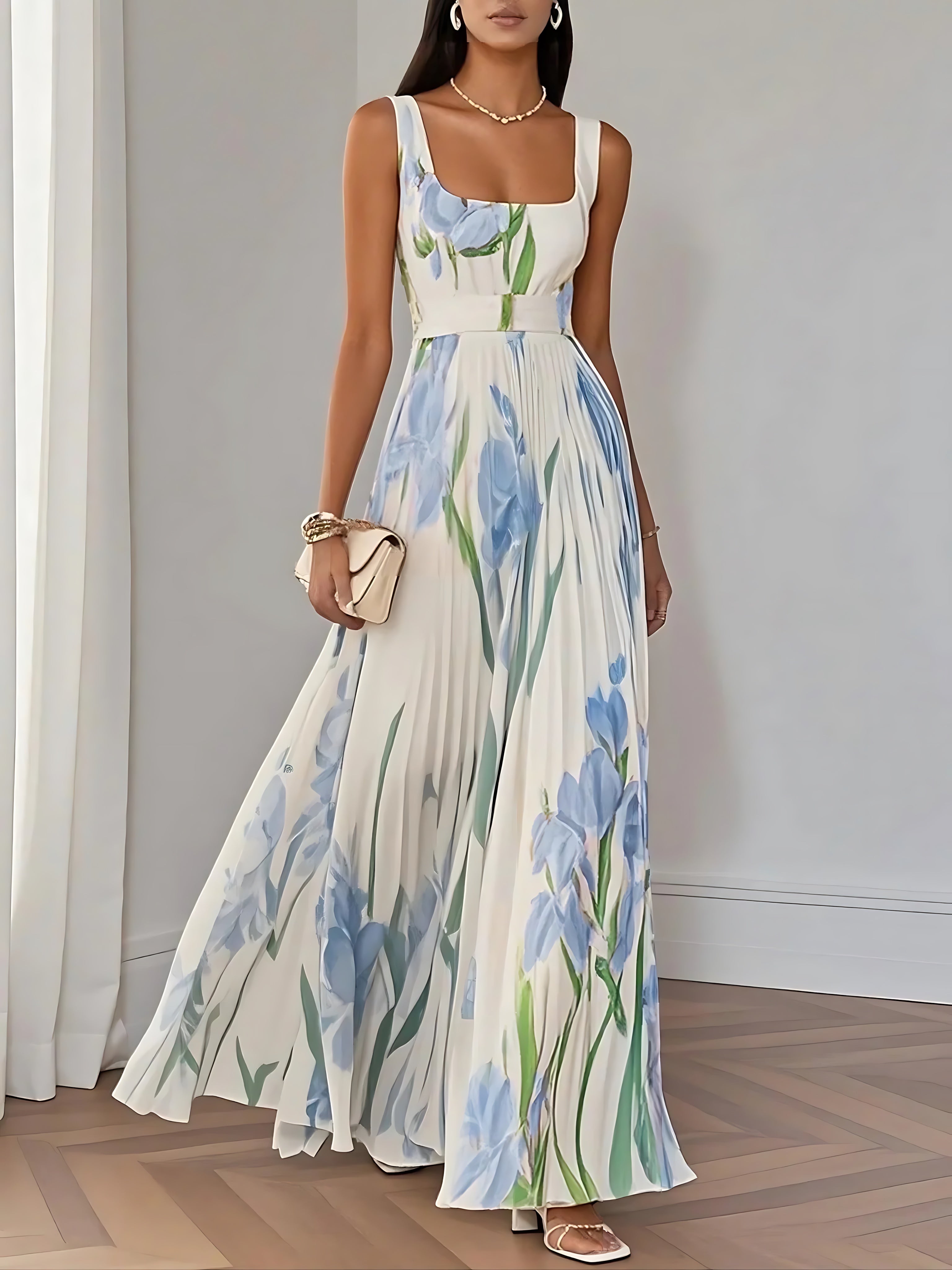 Emma – Floral Print Pleated Sweetheart Maxi Dress