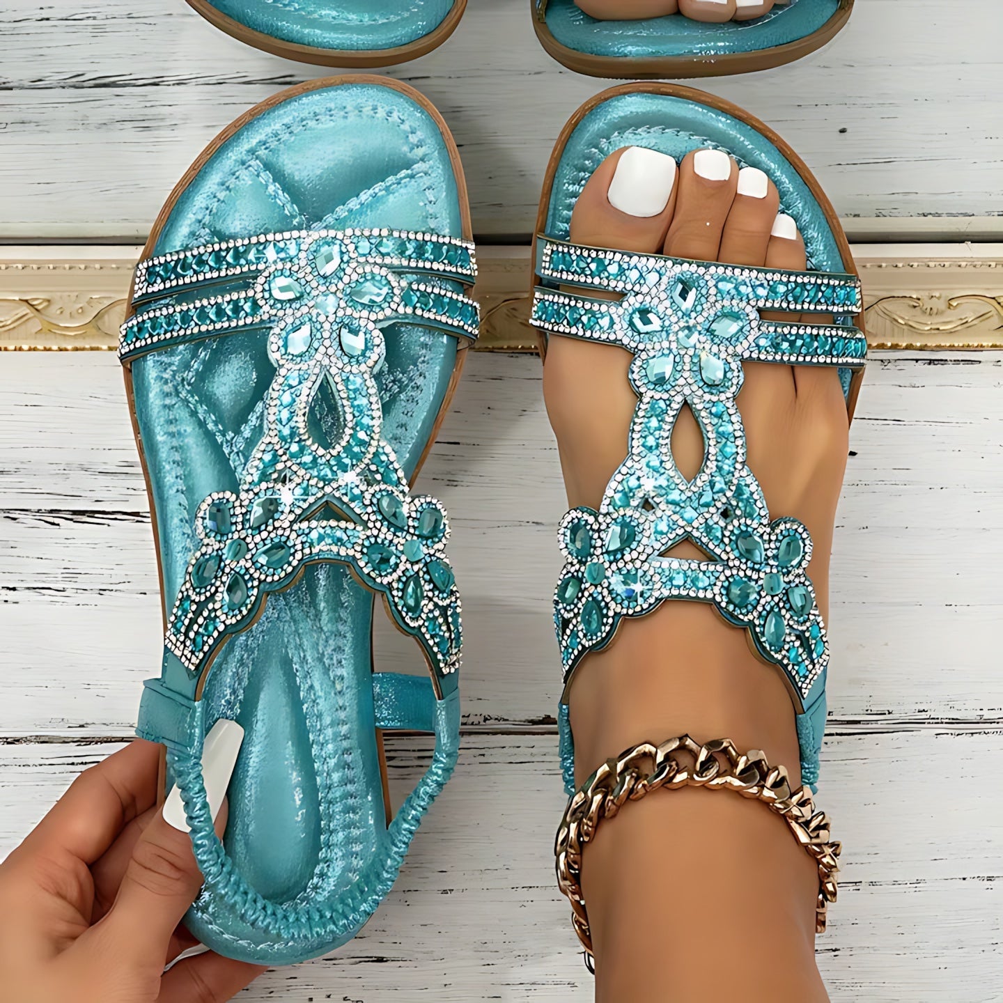Emma – Rhinestone Boho Low Wedge Sandals