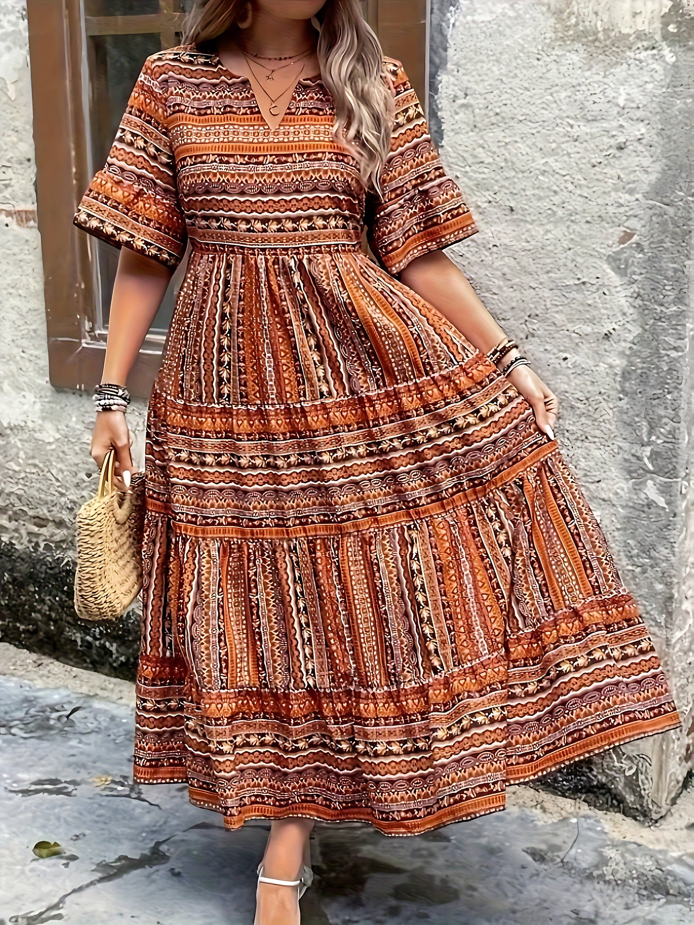 Estella – Boho Print Smocked Tiered Midi Dress