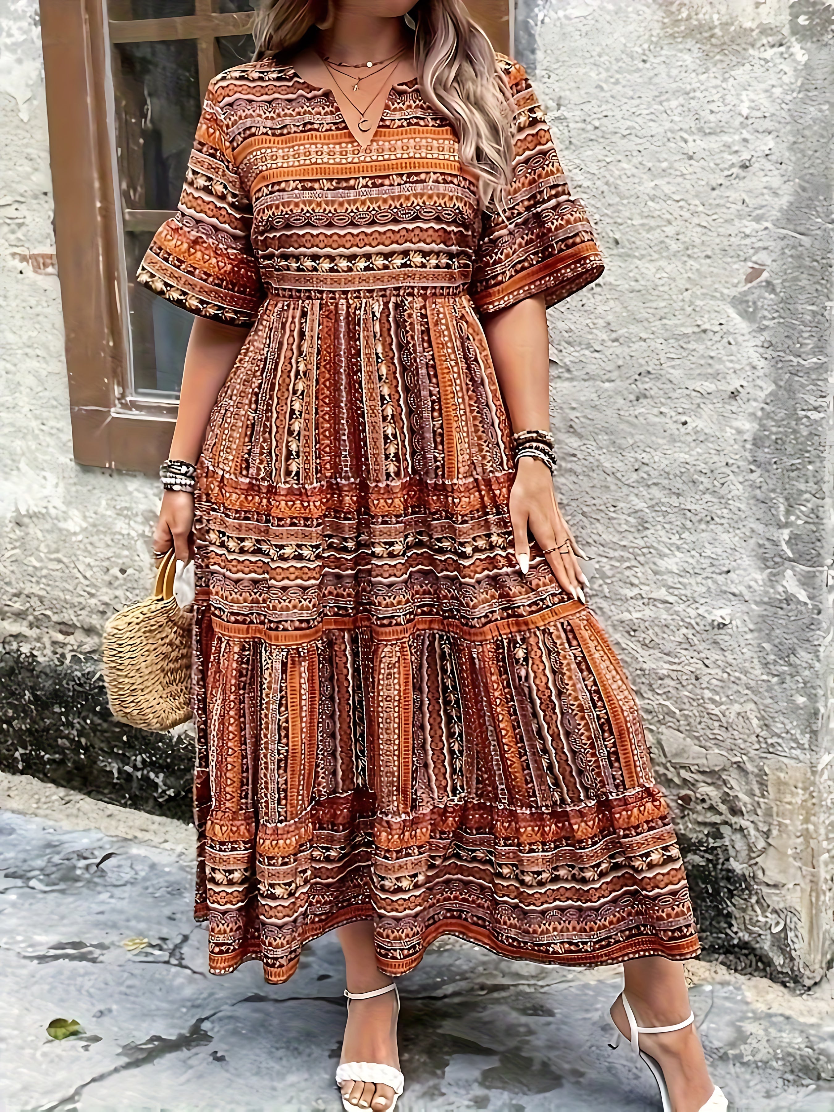 Estella – Boho Print Smocked Tiered Midi Dress