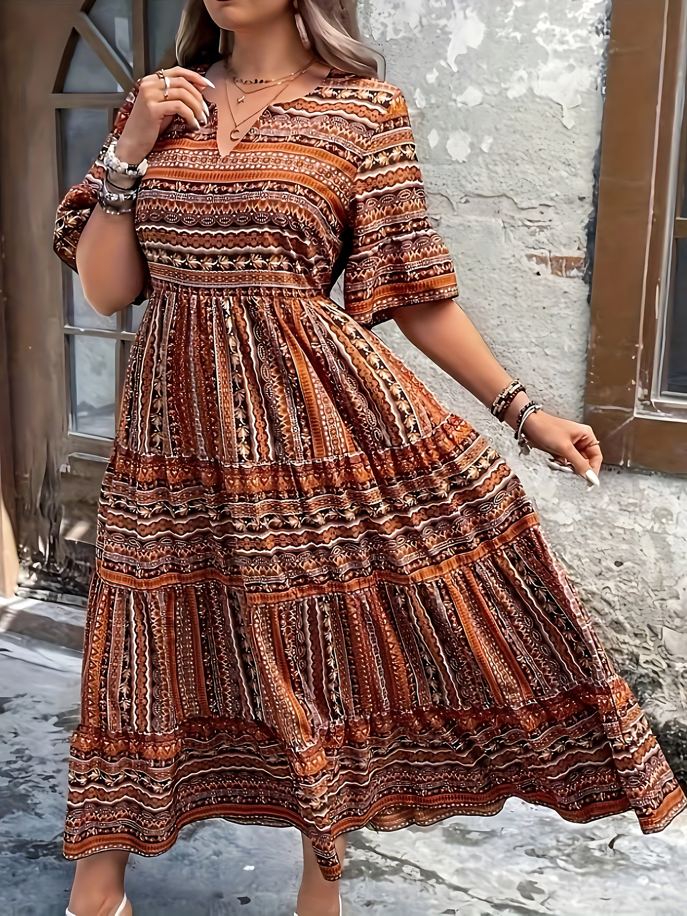 Estella – Boho Print Smocked Tiered Midi Dress