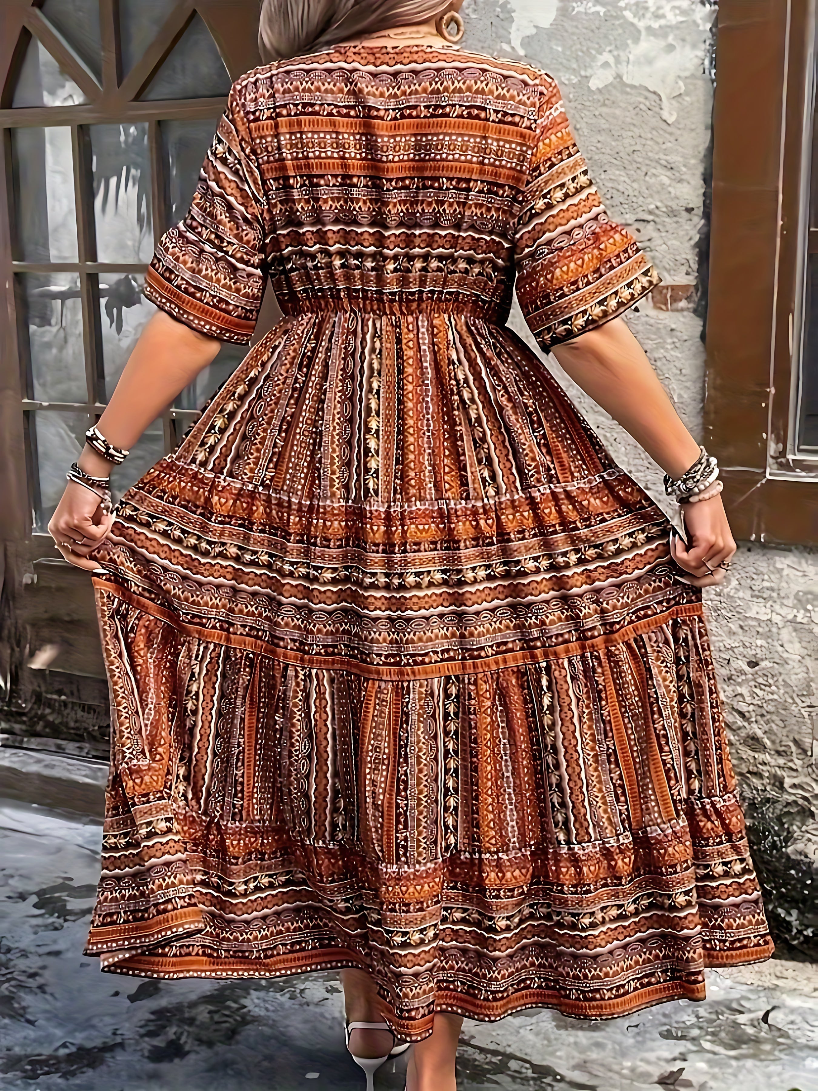 Estella – Boho Print Smocked Tiered Midi Dress