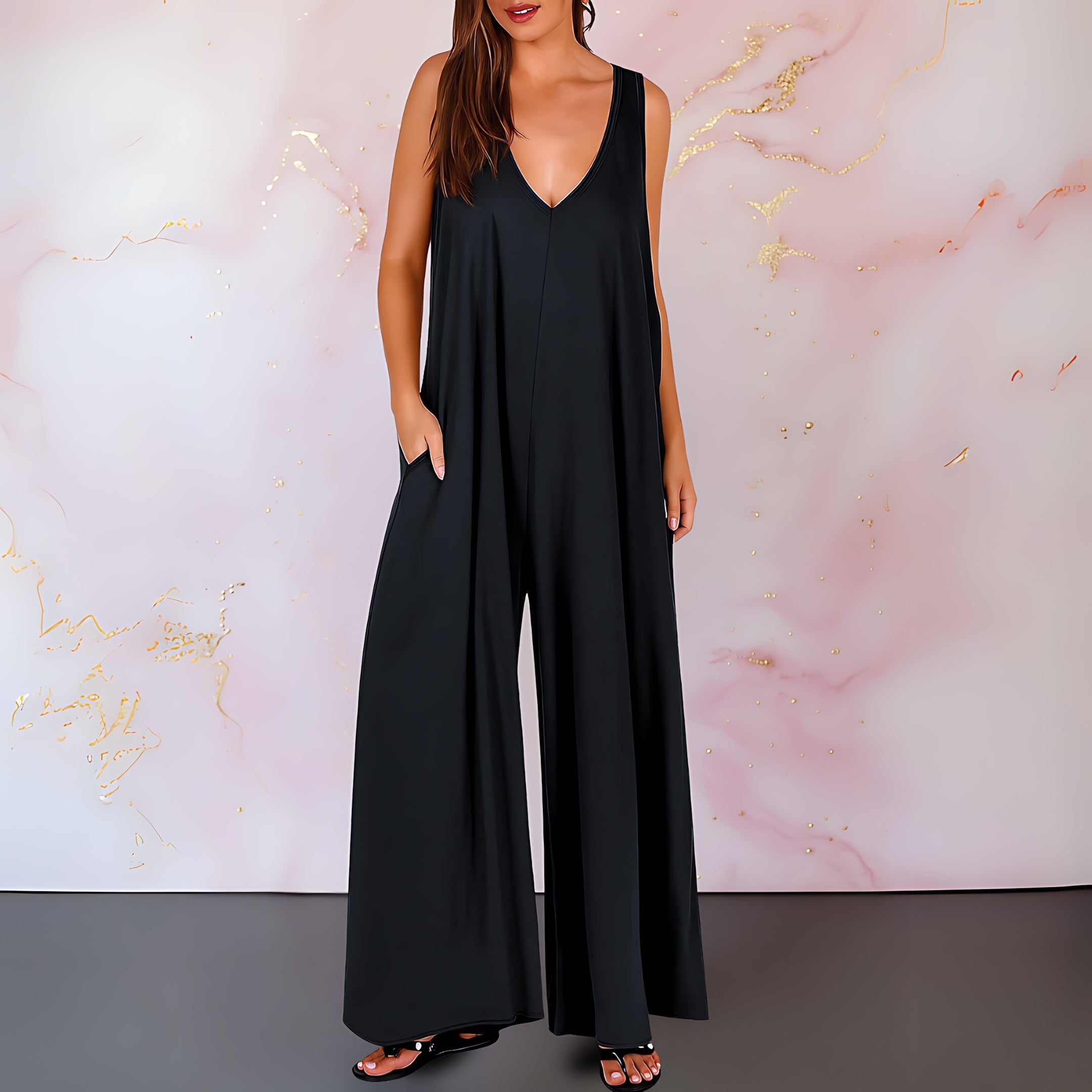 Estella – Deep V Neck Loose Fit Wide Leg Jumpsuit