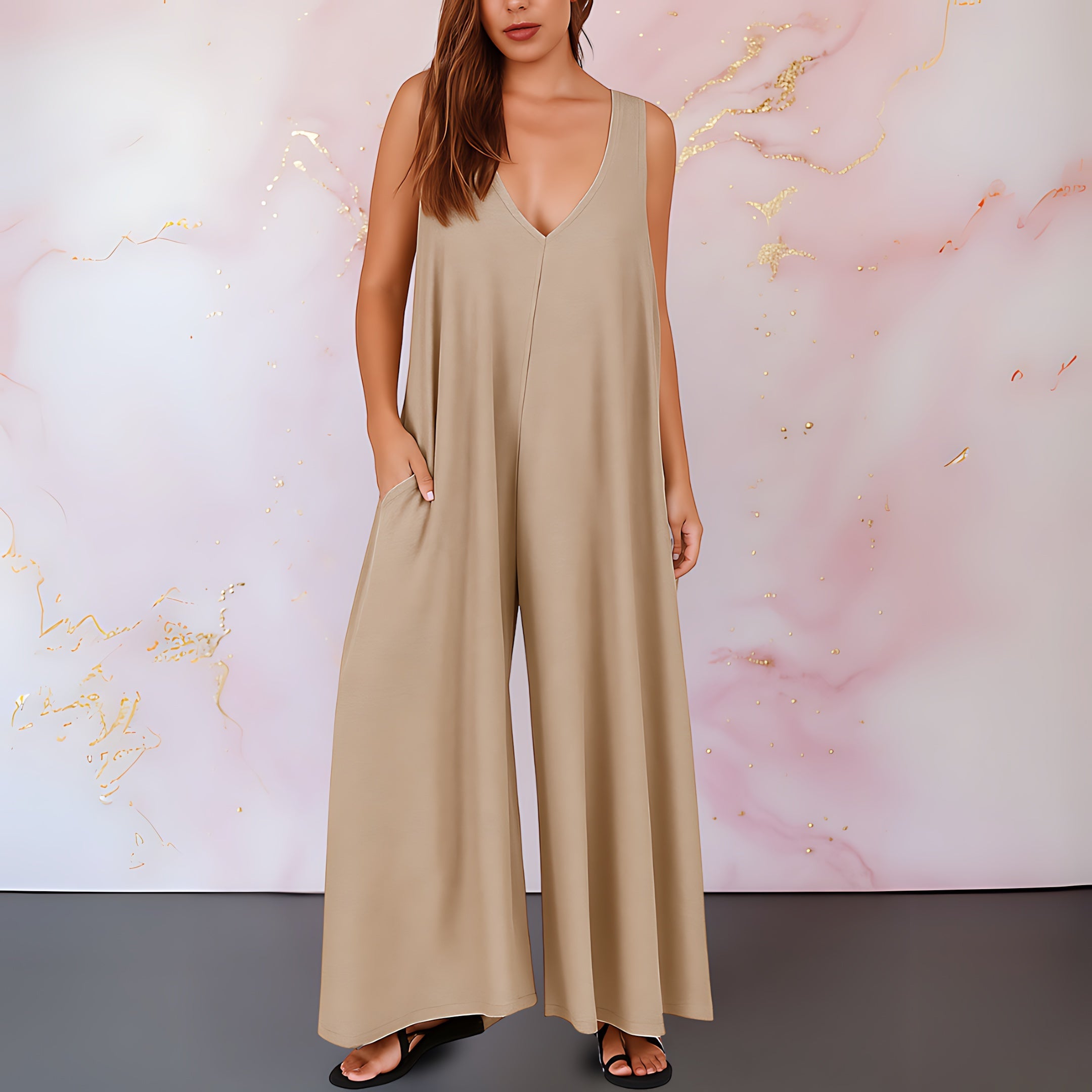 Estella – Deep V Neck Loose Fit Wide Leg Jumpsuit