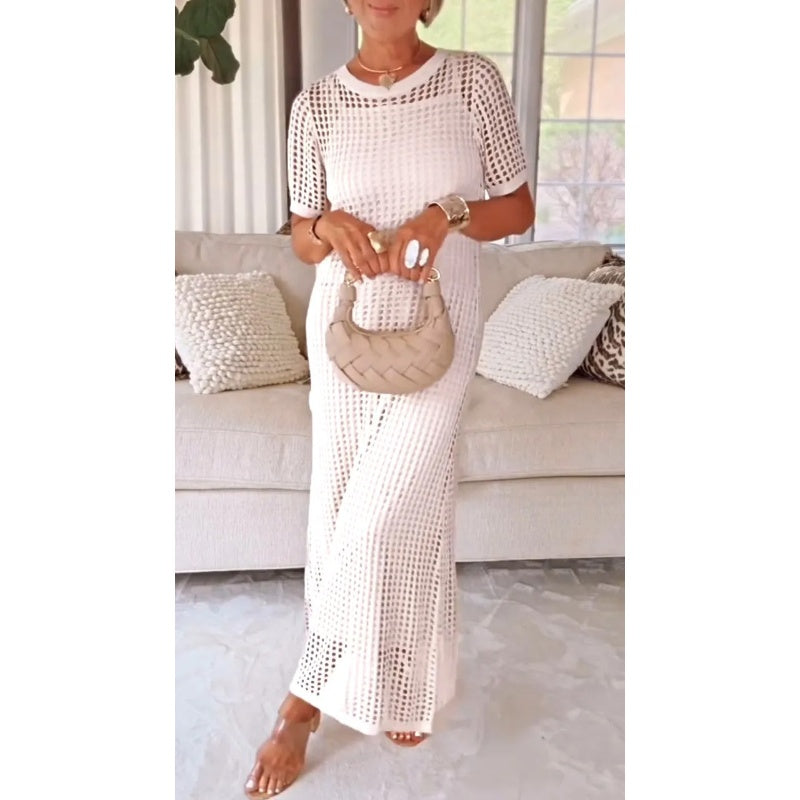 Sara – Open Knit Overlay Short Sleeve Maxi Dress