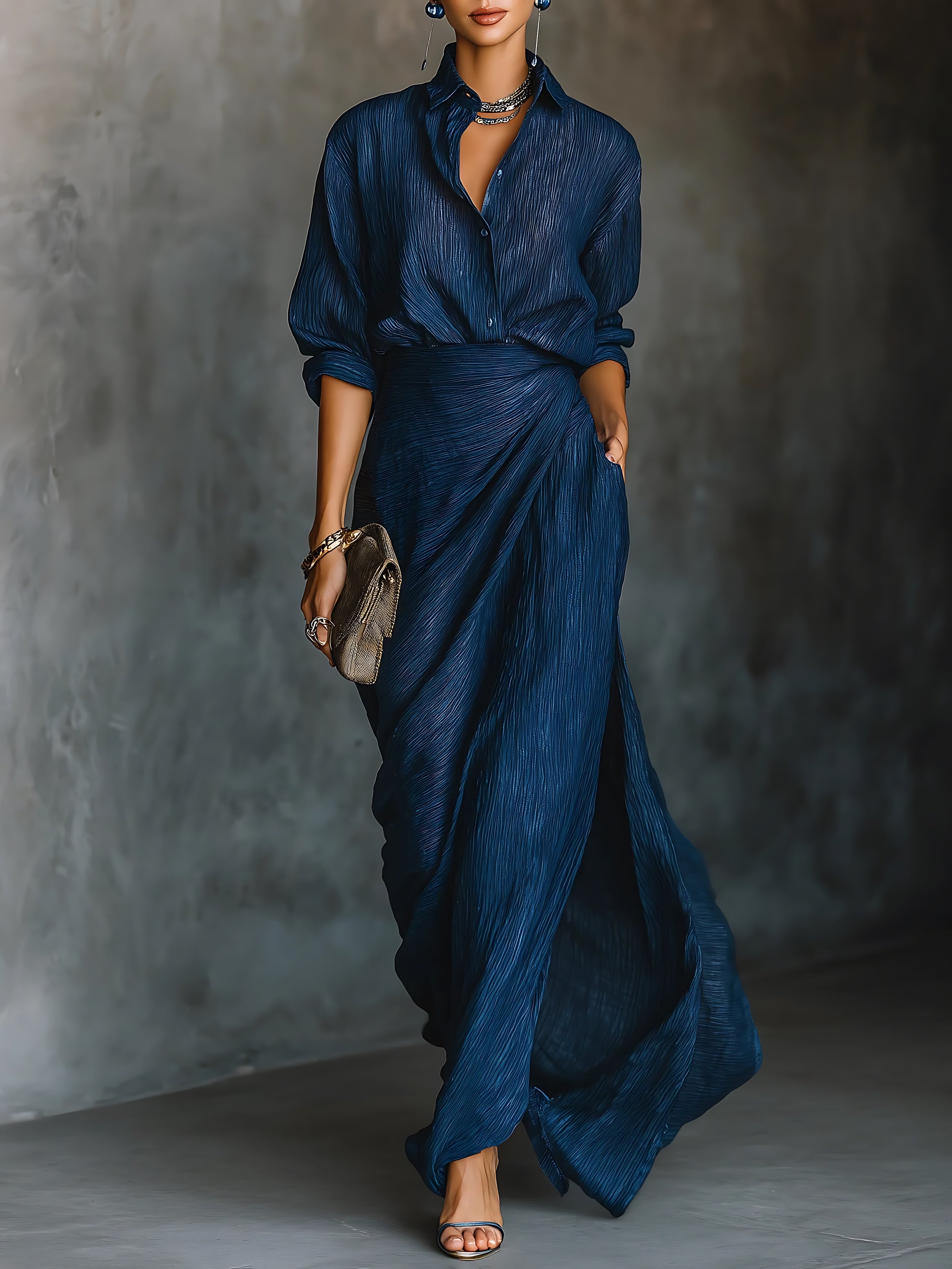 Eva – Long Sleeve Shirt and Wrap Maxi Skirt Set