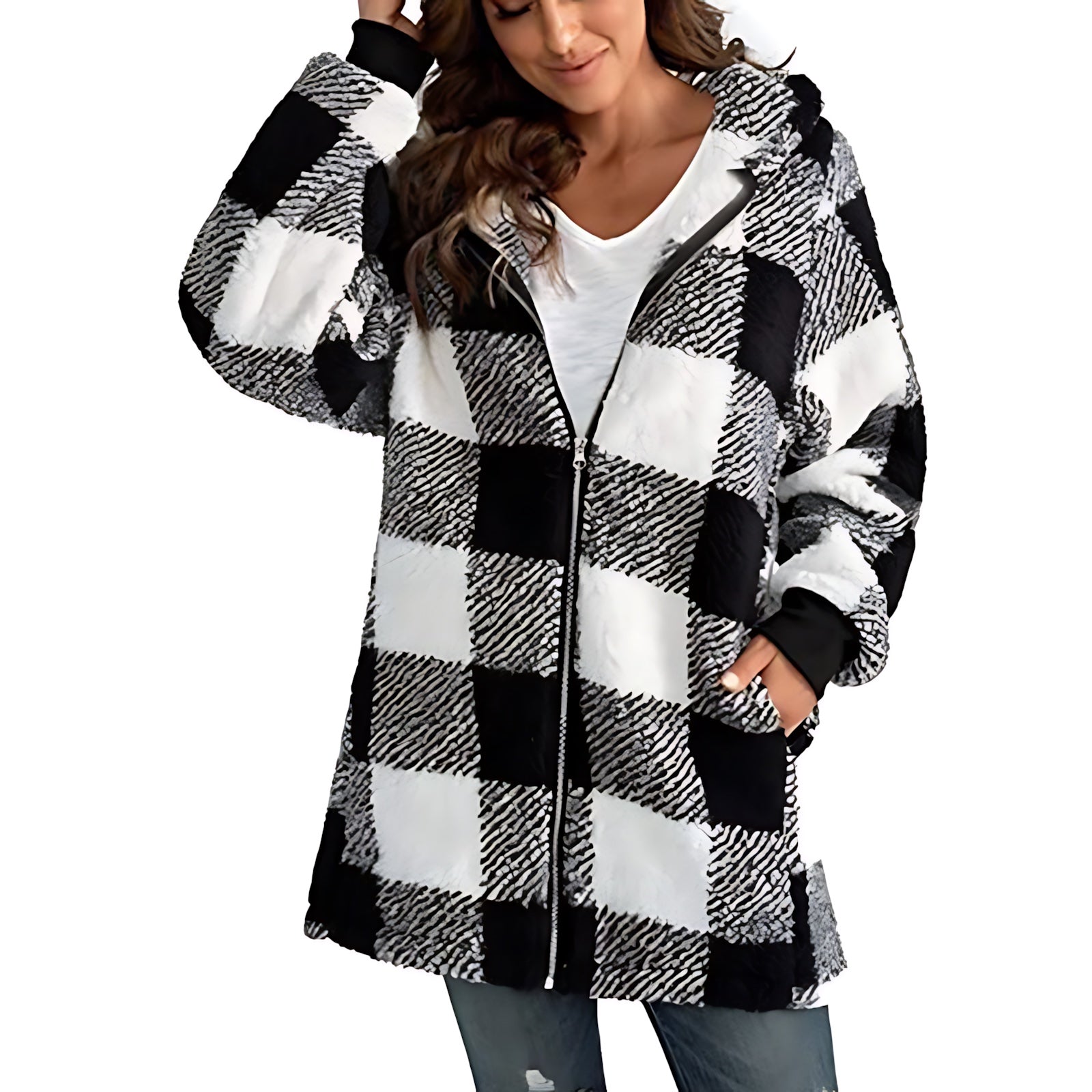 Evangeline – Buffalo Plaid Sherpa Zip Up Jacket