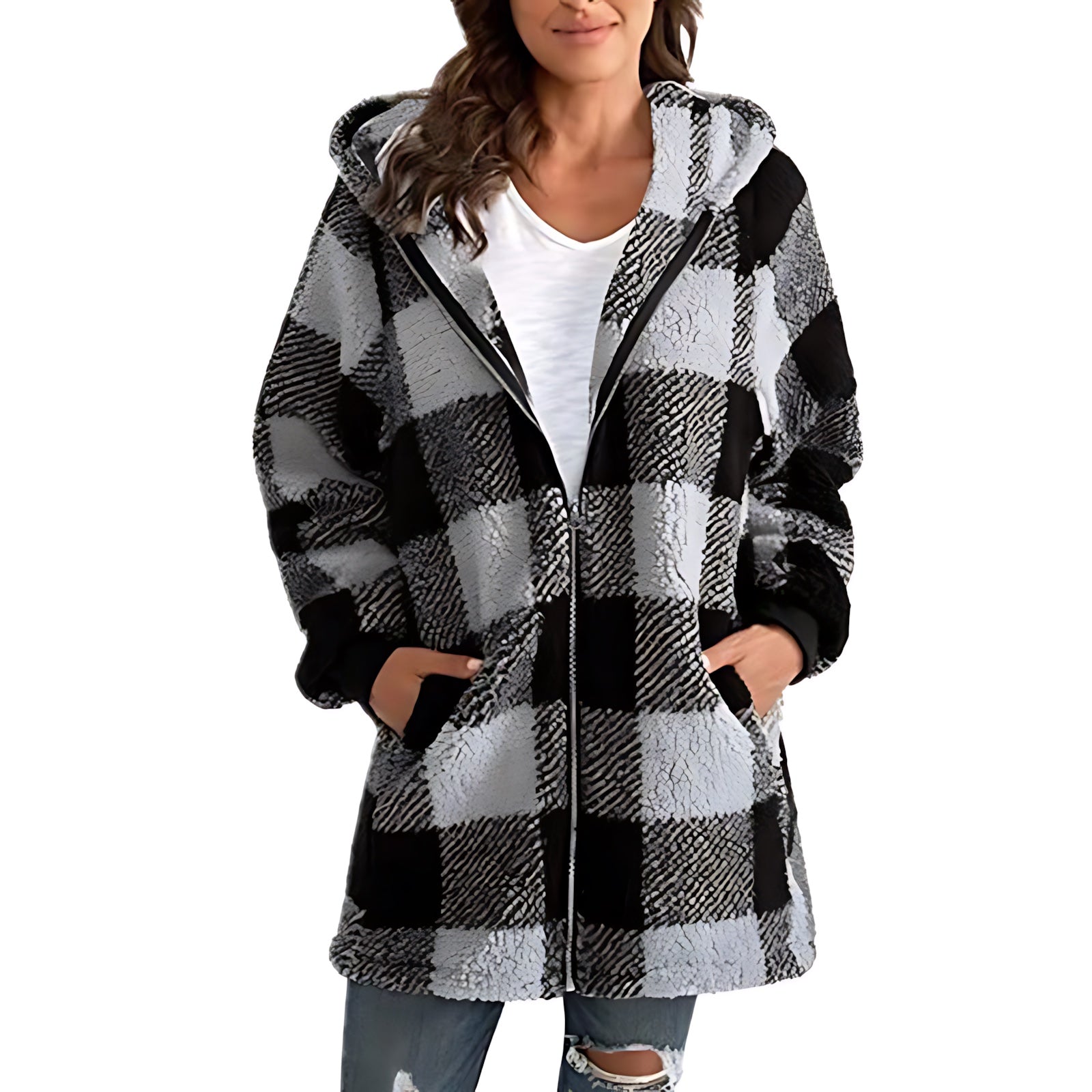Evangeline – Buffalo Plaid Sherpa Zip Up Jacket
