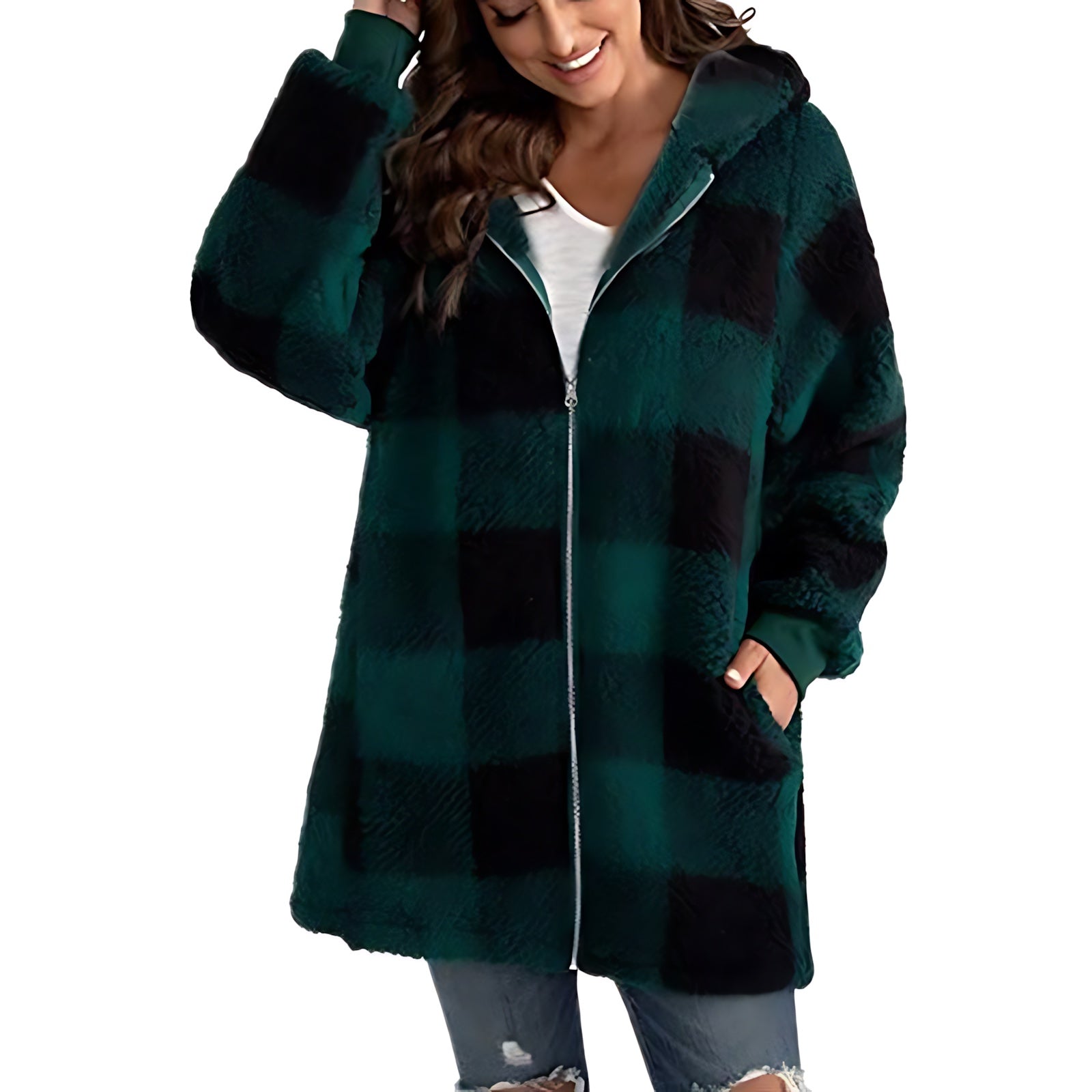 Evangeline – Buffalo Plaid Sherpa Zip Up Jacket