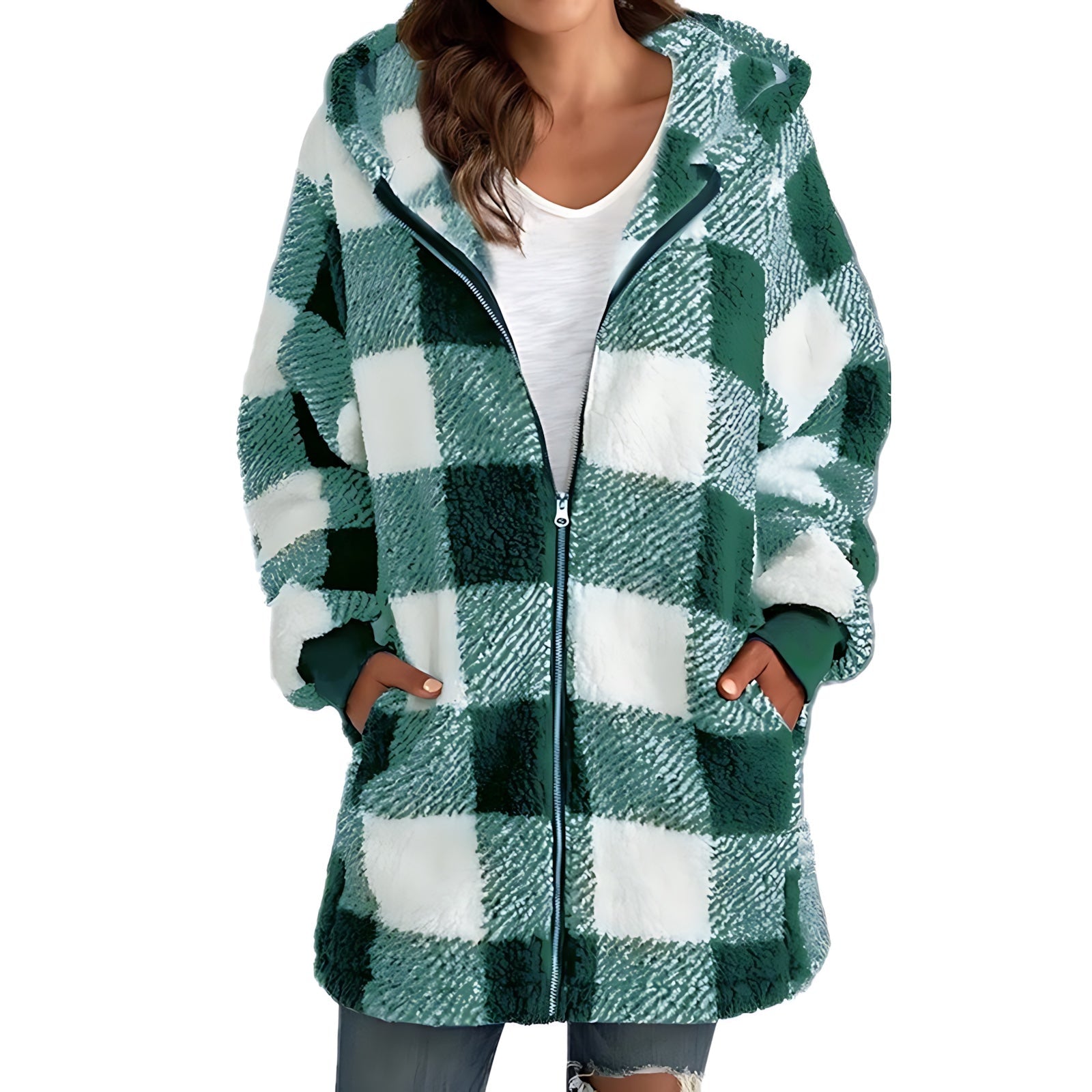 Evangeline – Buffalo Plaid Sherpa Zip Up Jacket