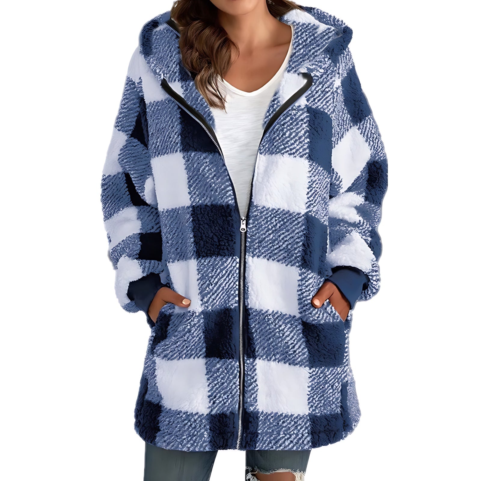 Evangeline – Buffalo Plaid Sherpa Zip Up Jacket