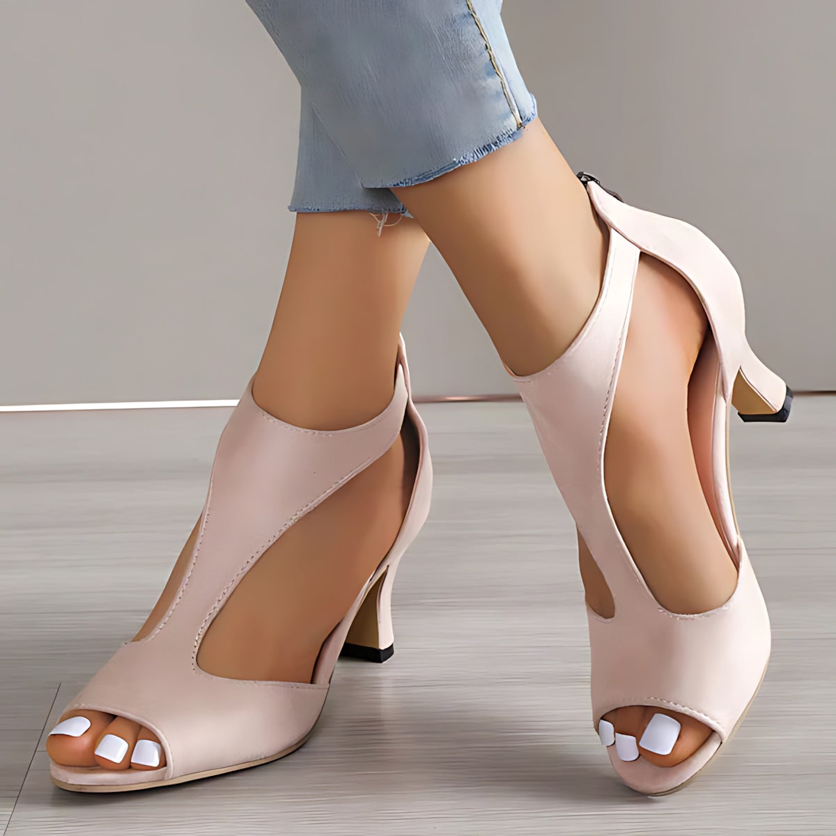 Evangeline – Peep Toe Low Block Heel Sandals