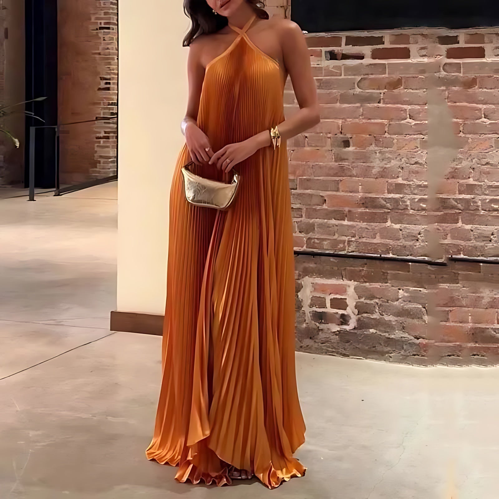 Evangeline – Pleated Halter Neck Wedding Guest Maxi Dress