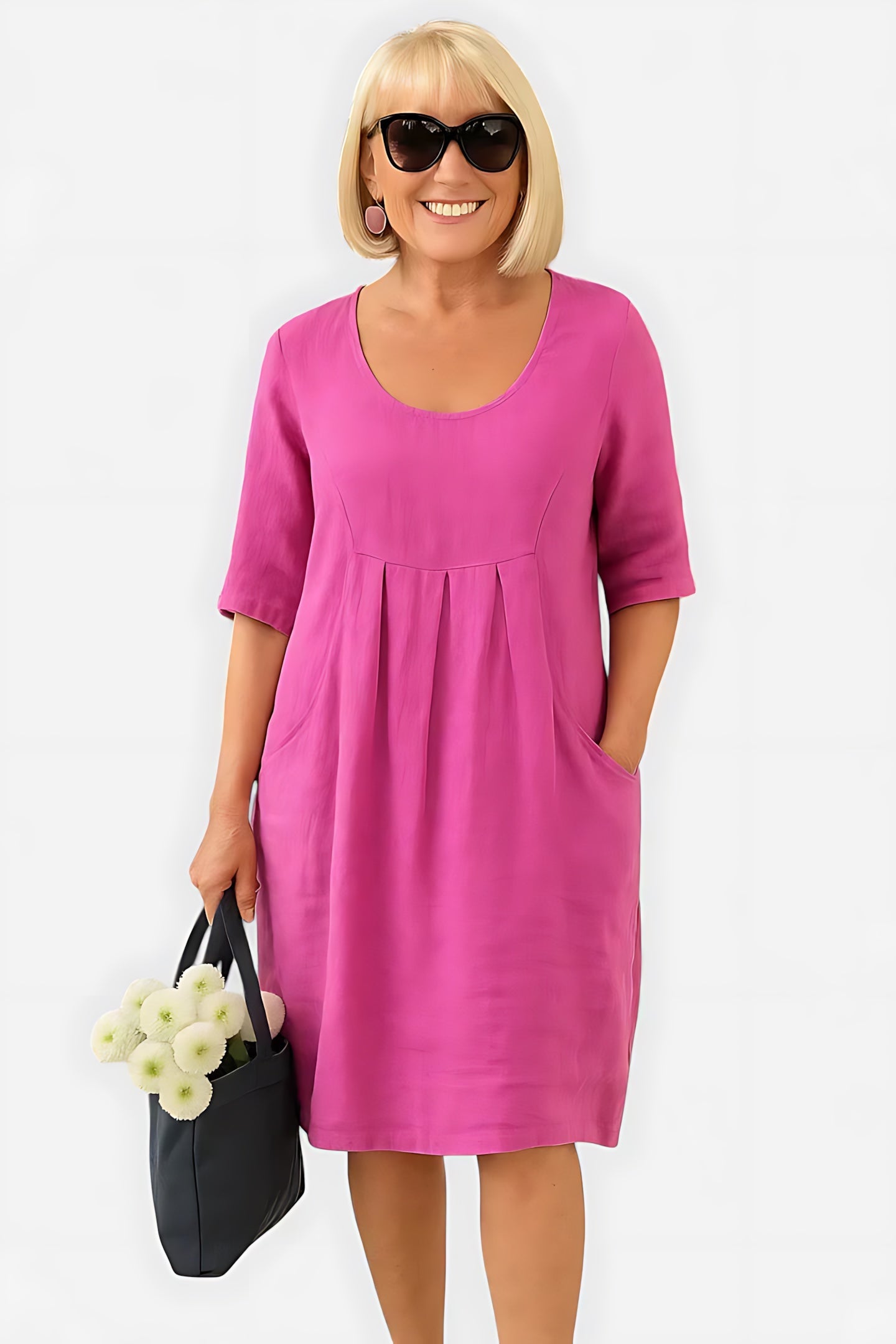 Evangeline – Ruched Front Crew Neck Summer Midi Dress