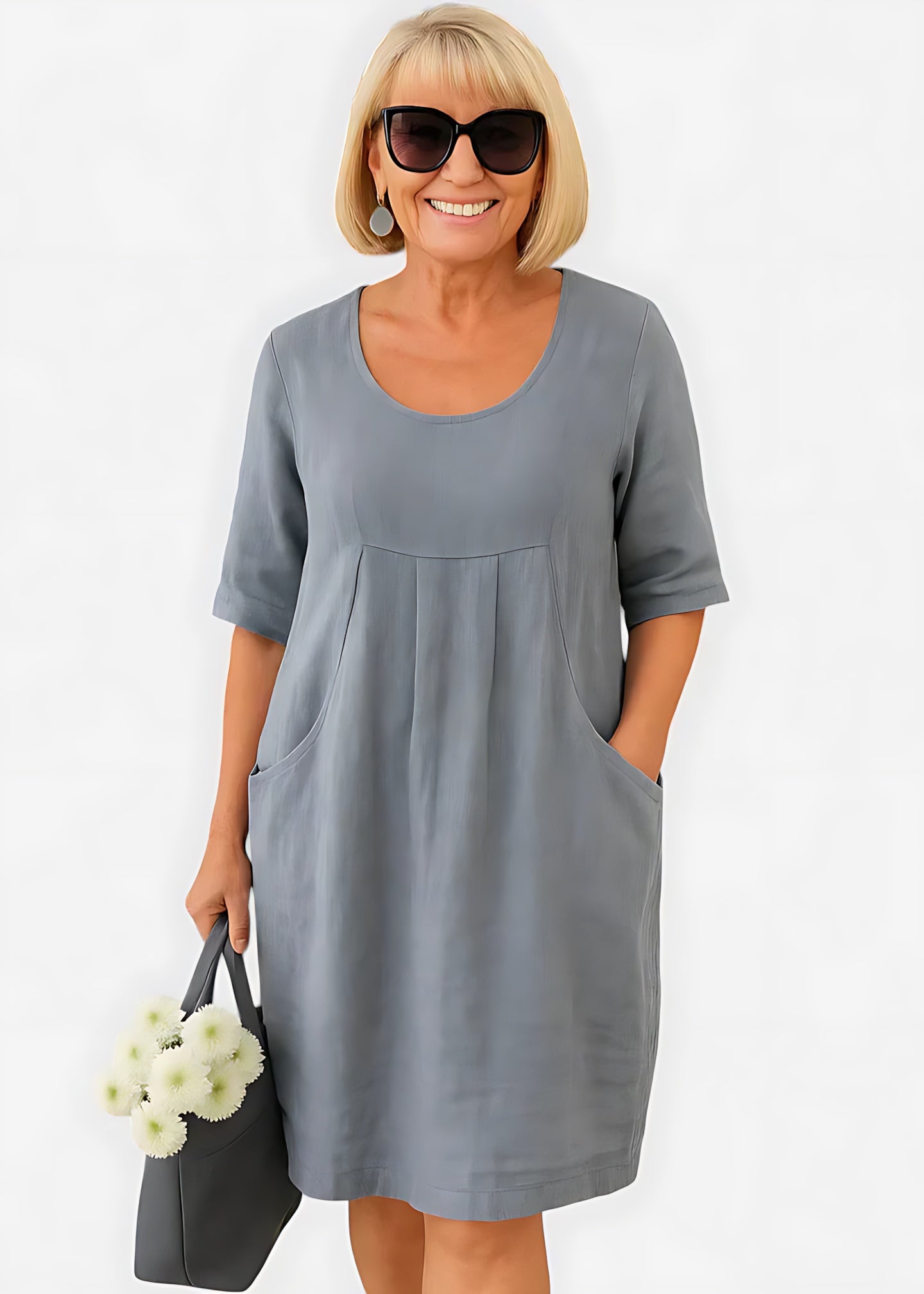 Evangeline – Ruched Front Crew Neck Summer Midi Dress