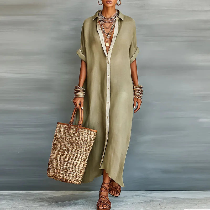 Emilia – Collared Roll Sleeve Maxi Shirt Dress