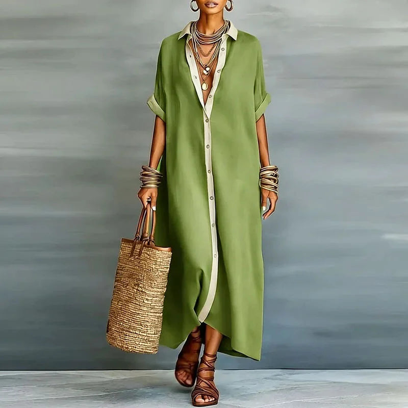 Emilia – Collared Roll Sleeve Maxi Shirt Dress