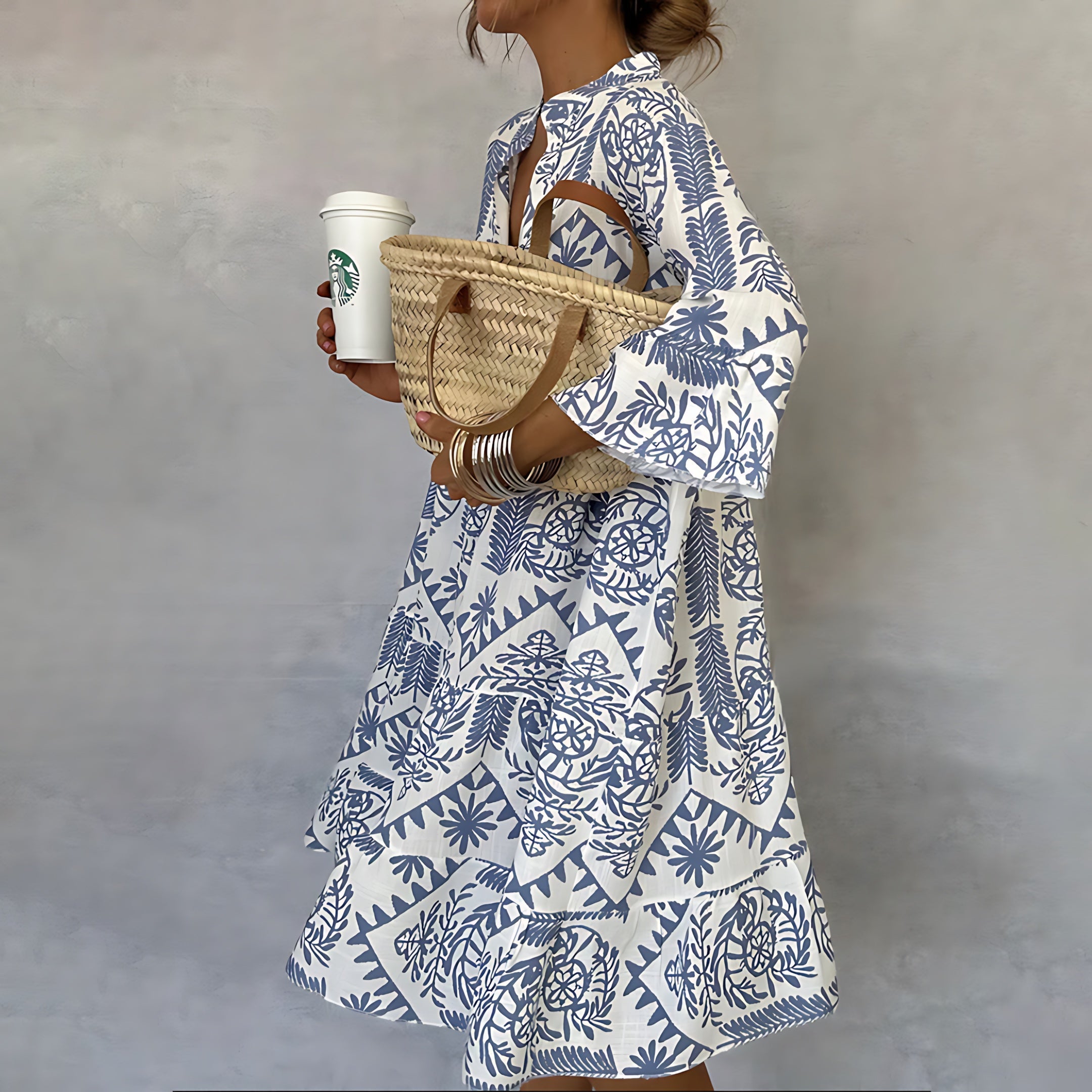 Evelyn – Boho Print V Neck Swing Midi Dress
