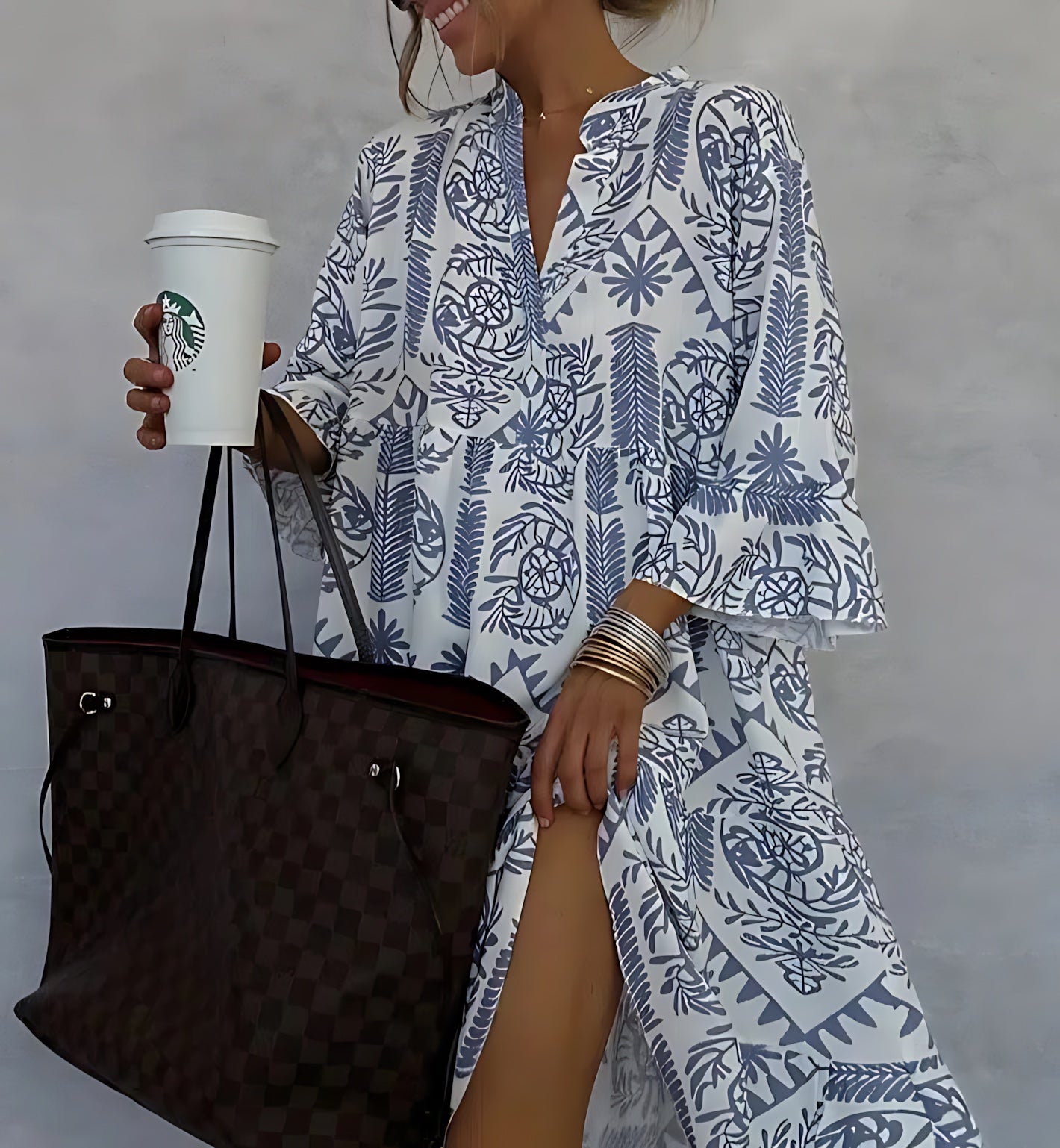 Evelyn – Boho Print V Neck Swing Midi Dress