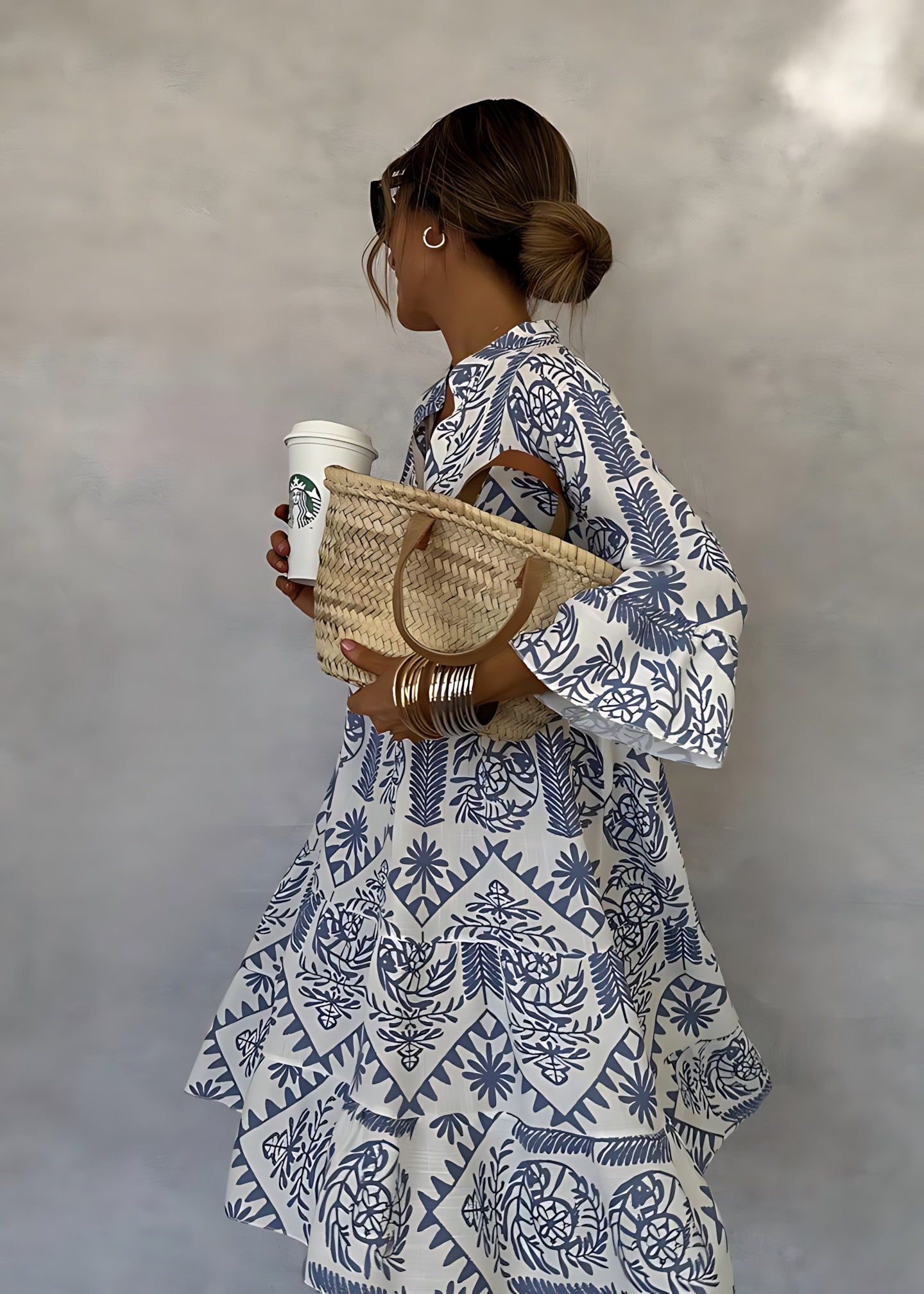 Evelyn – Boho Print V Neck Swing Midi Dress