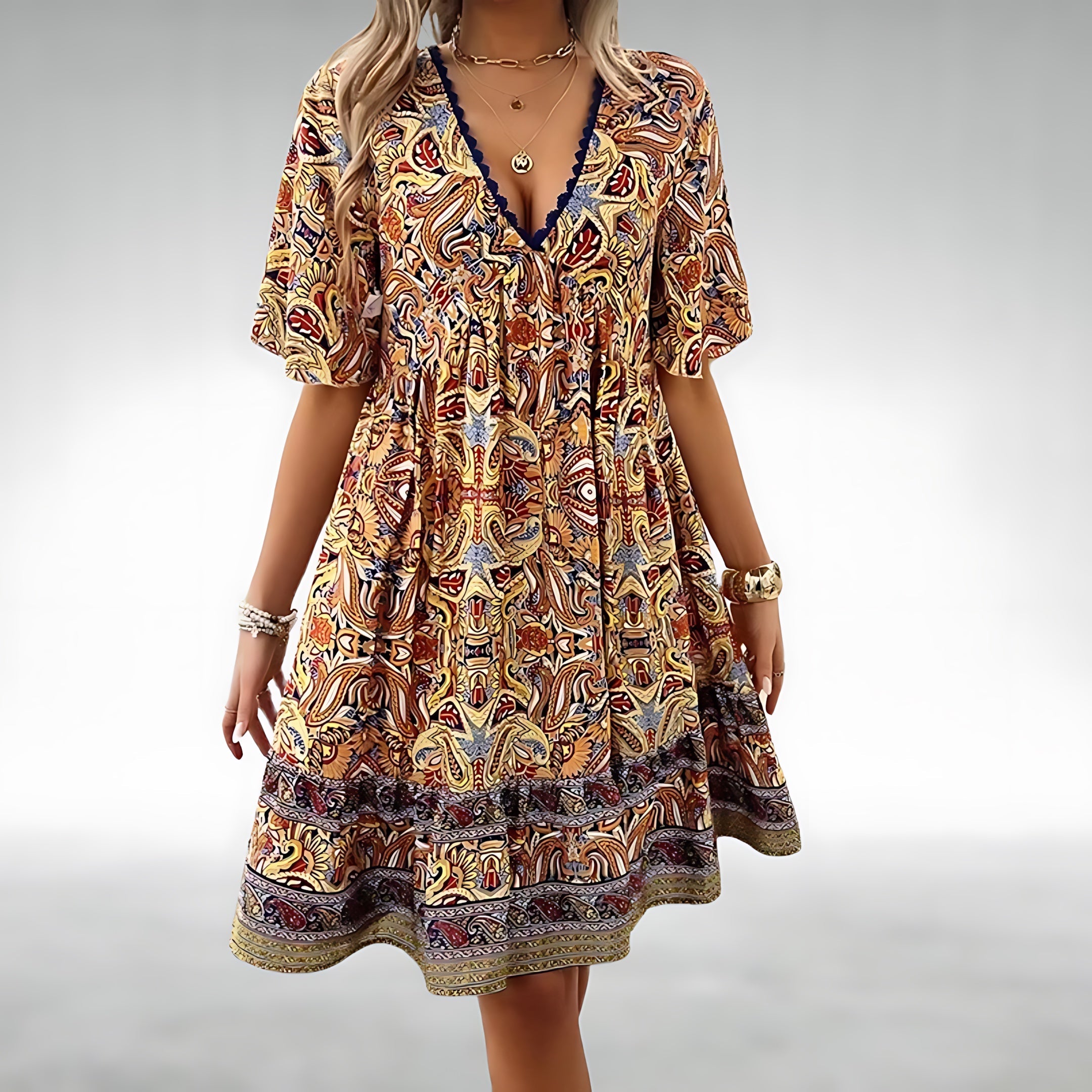 Faith – Paisley Boho Print Tiered Mini Dress