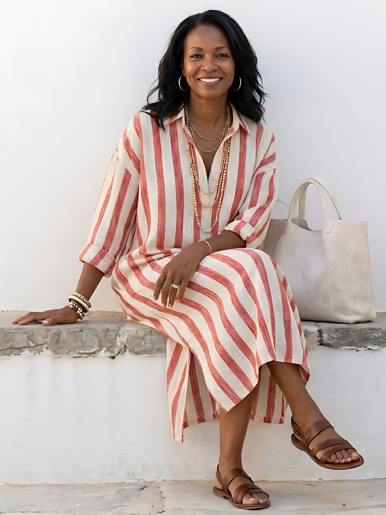 Faith – Striped Long Sleeve Maxi Shirt Dress