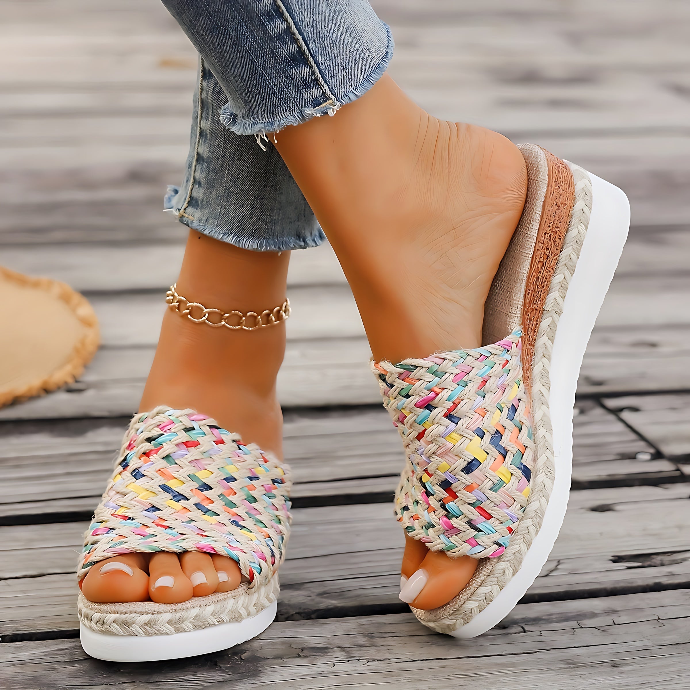Faith – Woven Peep Toe Wedge Slide Sandals