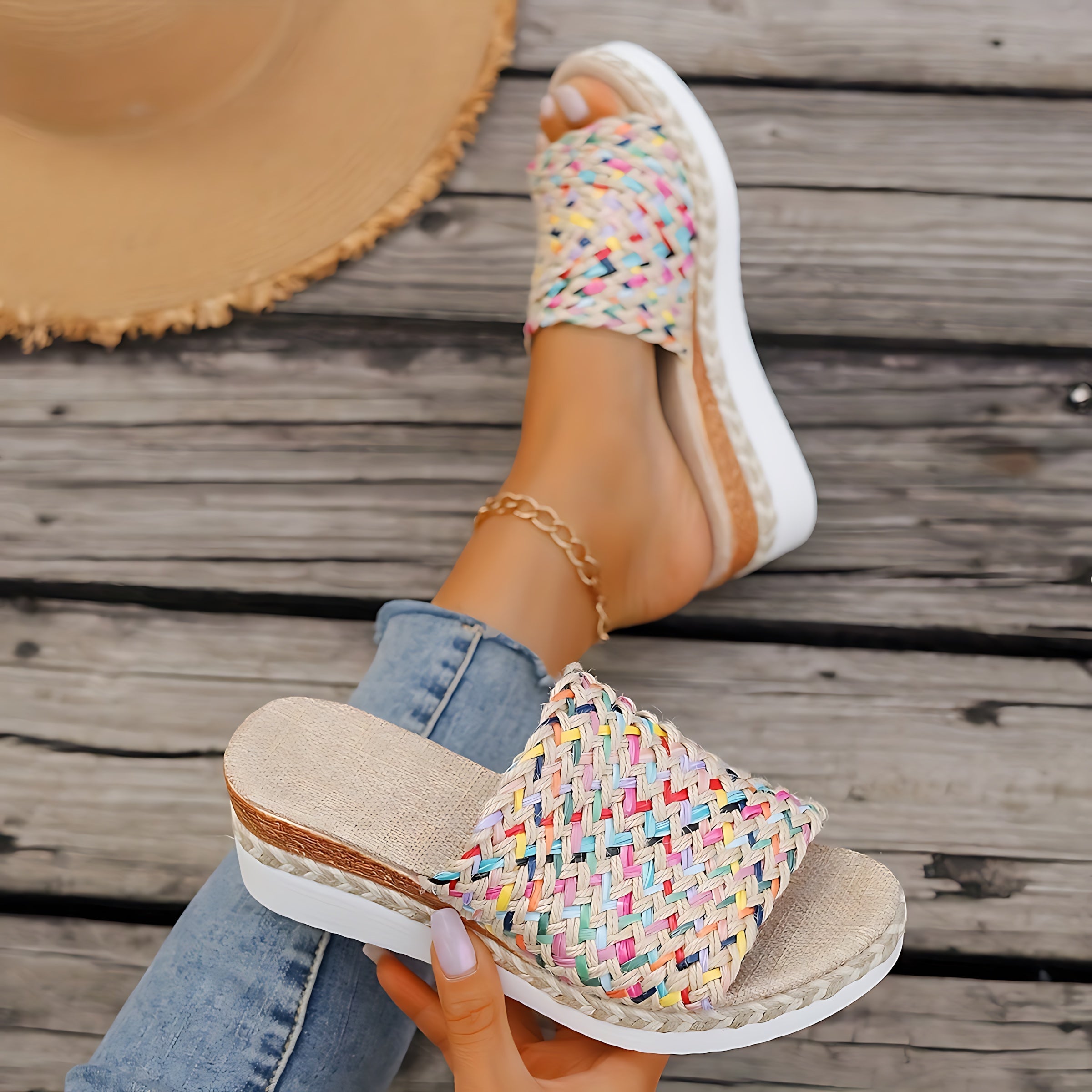 Faith – Woven Peep Toe Wedge Slide Sandals