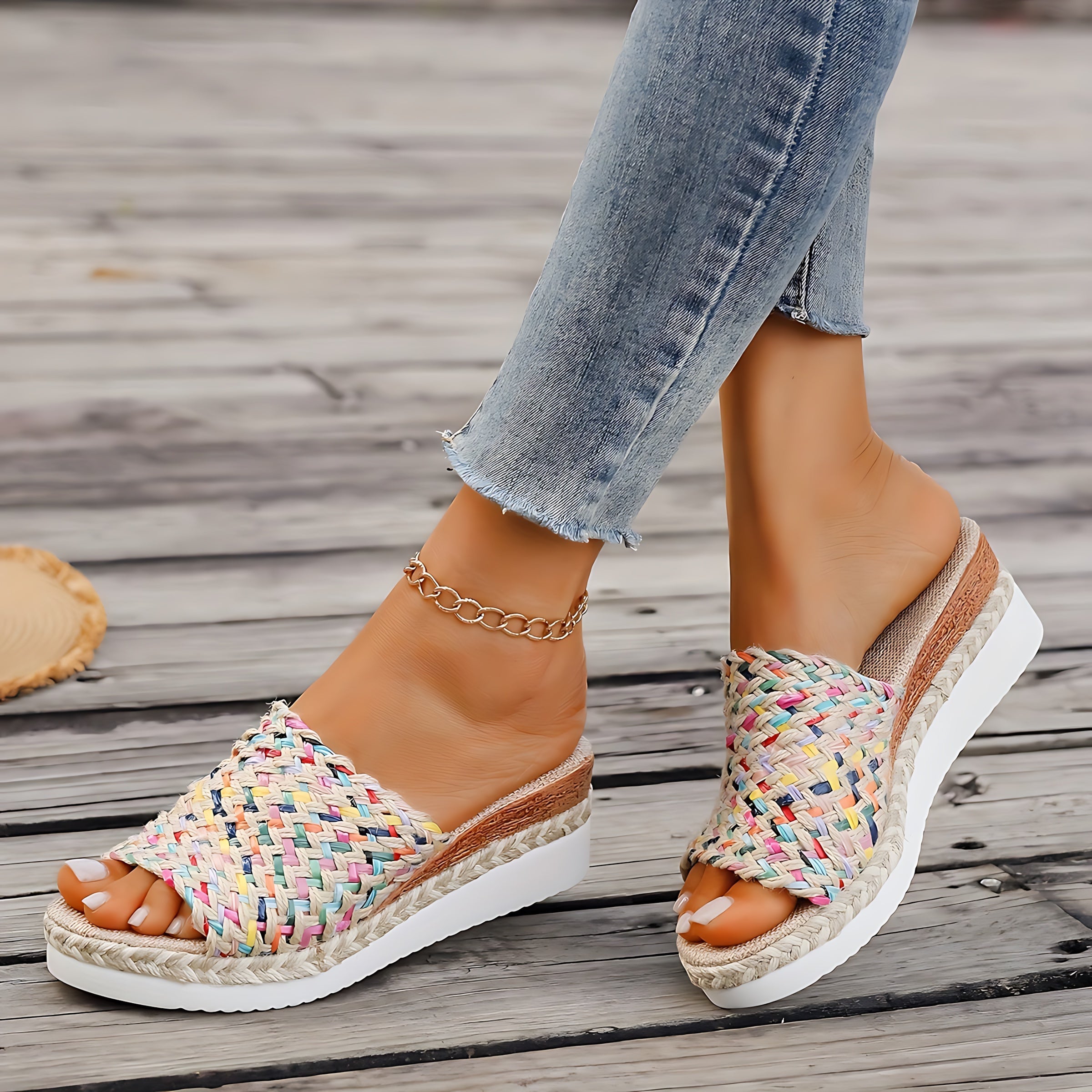 Faith – Woven Peep Toe Wedge Slide Sandals