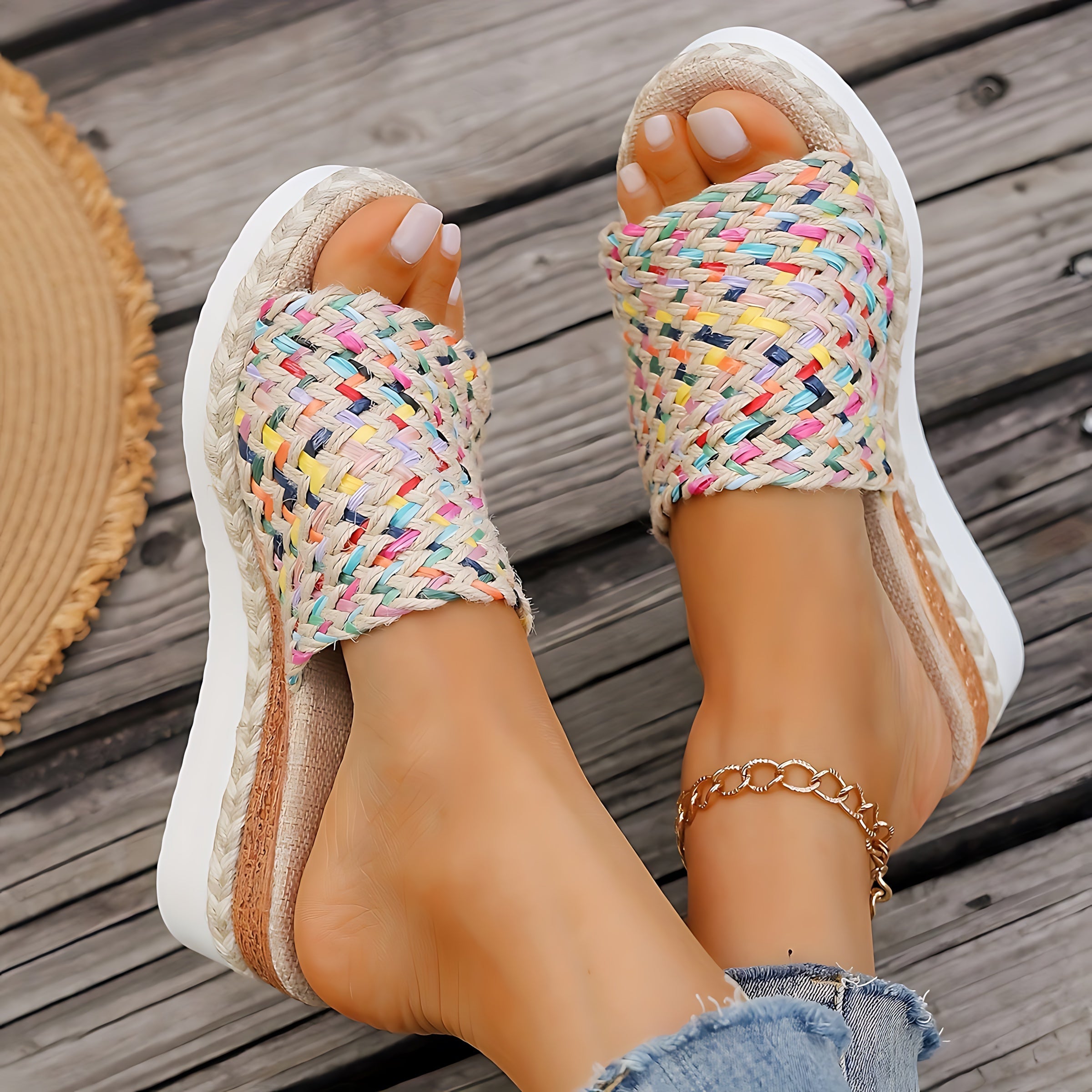 Faith – Woven Peep Toe Wedge Slide Sandals