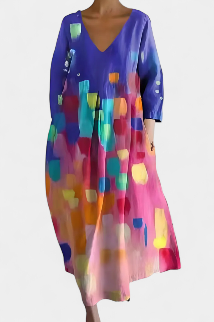 Caroline – Abstract Print V Neck Flowy Midi Dress