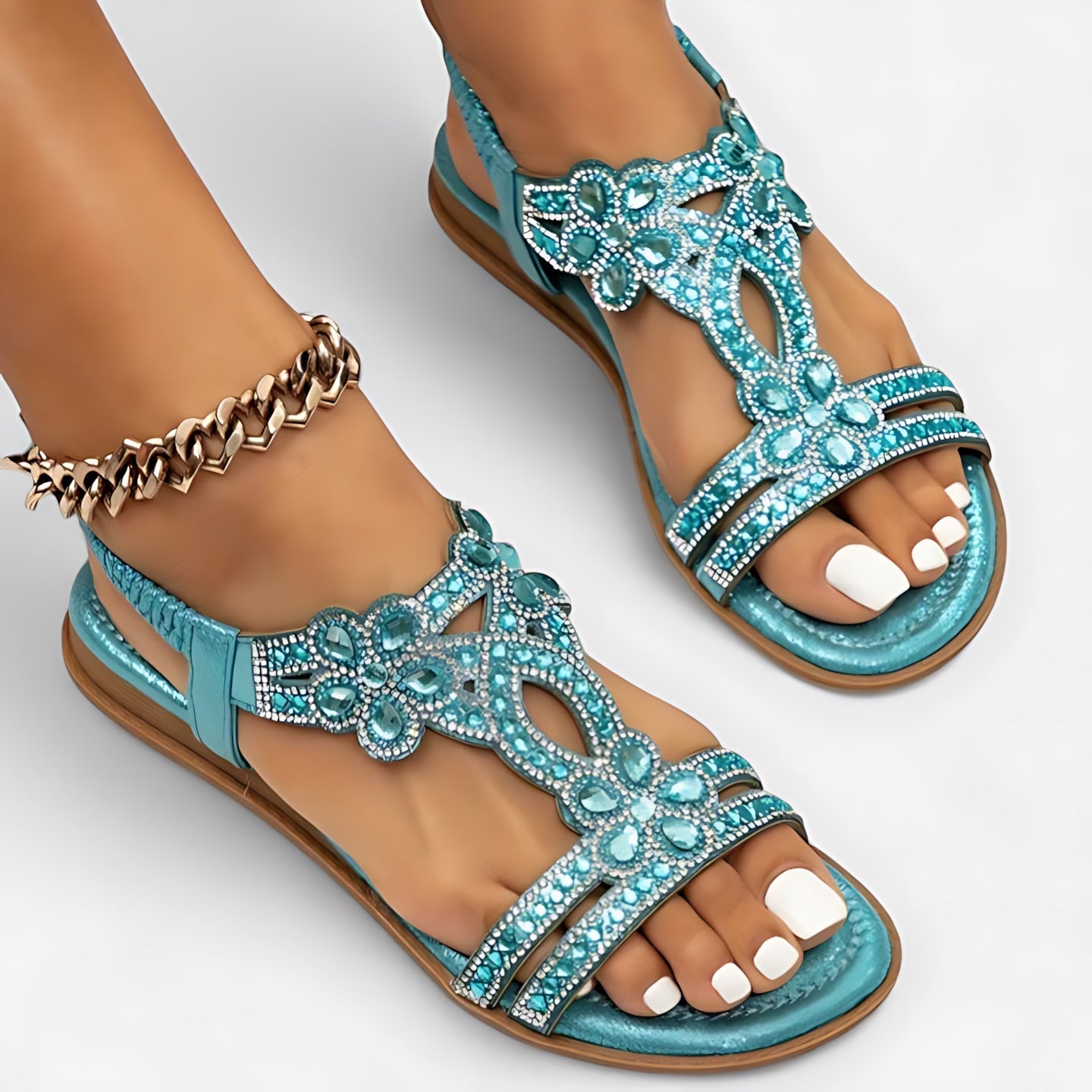 Fiona – Boho Beaded Ankle Strap Flat Sandals